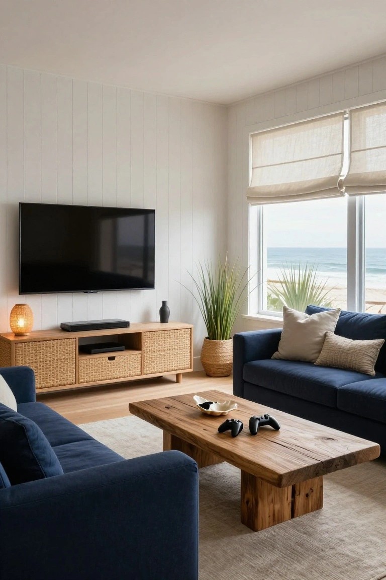 Living room with navy blue sofa, rattan media console under wall-mounted TV and soundbar, reclaimed wood coffee table holding two game controllers, potted plants, and large windows showing beach and ocean view.