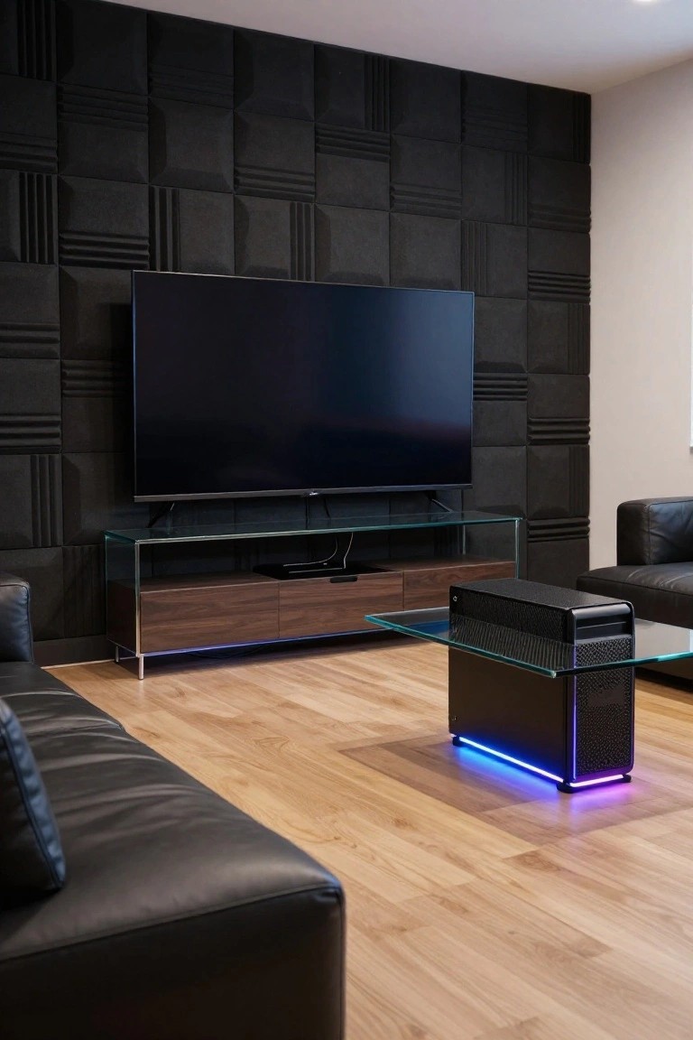 Modern living room with black acoustic wall panels, large TV on glass stand, wood TV console, black leather couches on wood floor, and black vertical PC tower with purple RGB lights on glass coffee table.