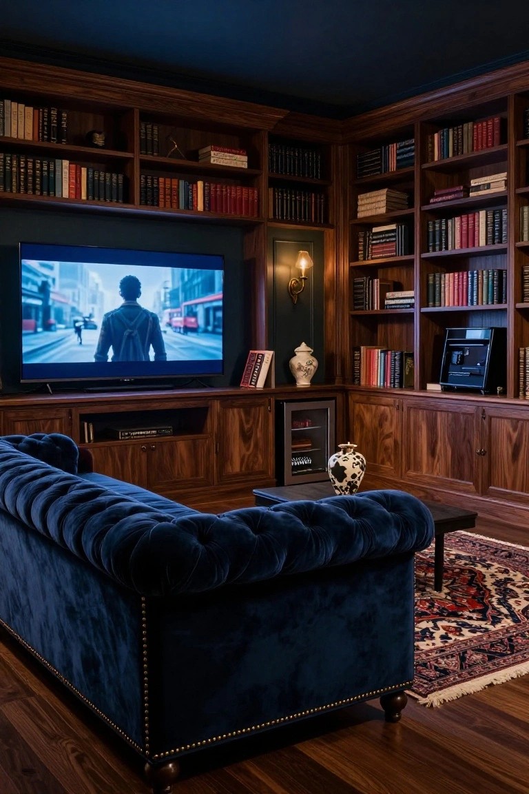 Corner view of a wood-paneled library room with floor-to-ceiling bookshelves, a large TV on the wall displaying a video game scene with a character in an urban street, blue velvet tufted sofa, mini fridge cabinet, and porcelain vases on shelves and floors.