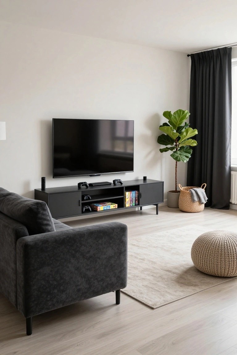 Modern living room featuring a gray sofa, wall-mounted black TV, black media console with PlayStation console, controllers, and games on shelves, fiddle leaf fig plant in basket, woven pouf, and light wood flooring.