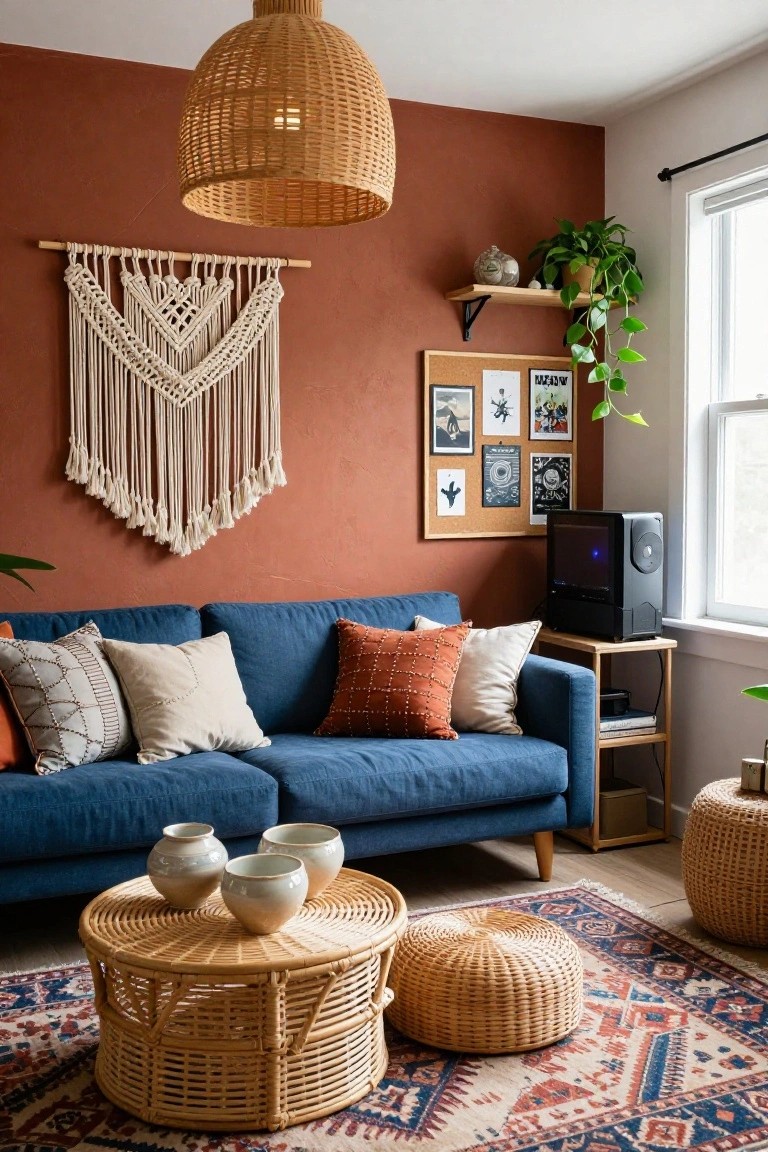 Cozy living room with terracotta accent wall, navy blue sofa with patterned pillows, rattan coffee table and poufs, macrame hanging, corkboard with posters and photos, wooden shelf unit holding black gaming PC tower next to window with potted plants.
