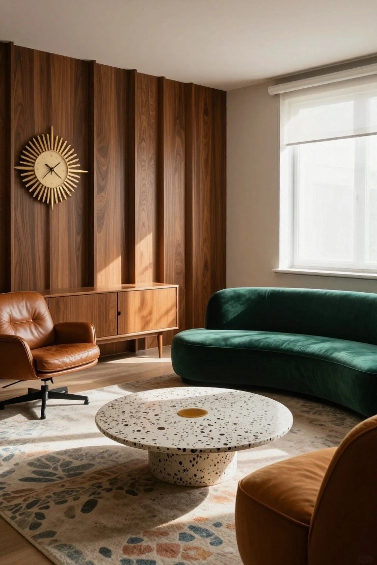 Modern living room interior with vertical slatted wood wall, gold sunburst clock, curved green velvet sofa, brown leather chairs, white terrazzo coffee table, and multicolored rug on wood floor.