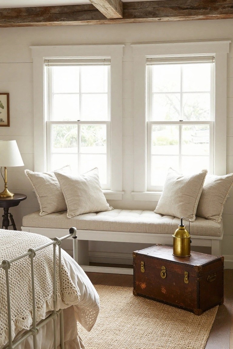 White shiplap-walled bedroom corner with a cushioned linen bench under two large double-hung windows, plump pillows on the bench, brass lamp on a side table, iron bed nearby, and wooden trunk with brass container on the floor
