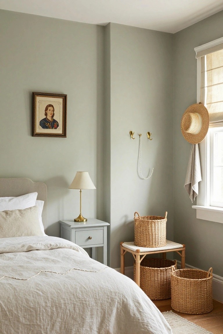 Corner of a sage green bedroom with white upholstered bed and linens, brass lamp on white nightstand, three woven wicker baskets stacked on rattan stool, straw hat on hooks by linen-shade window, and vintage portrait on wall.