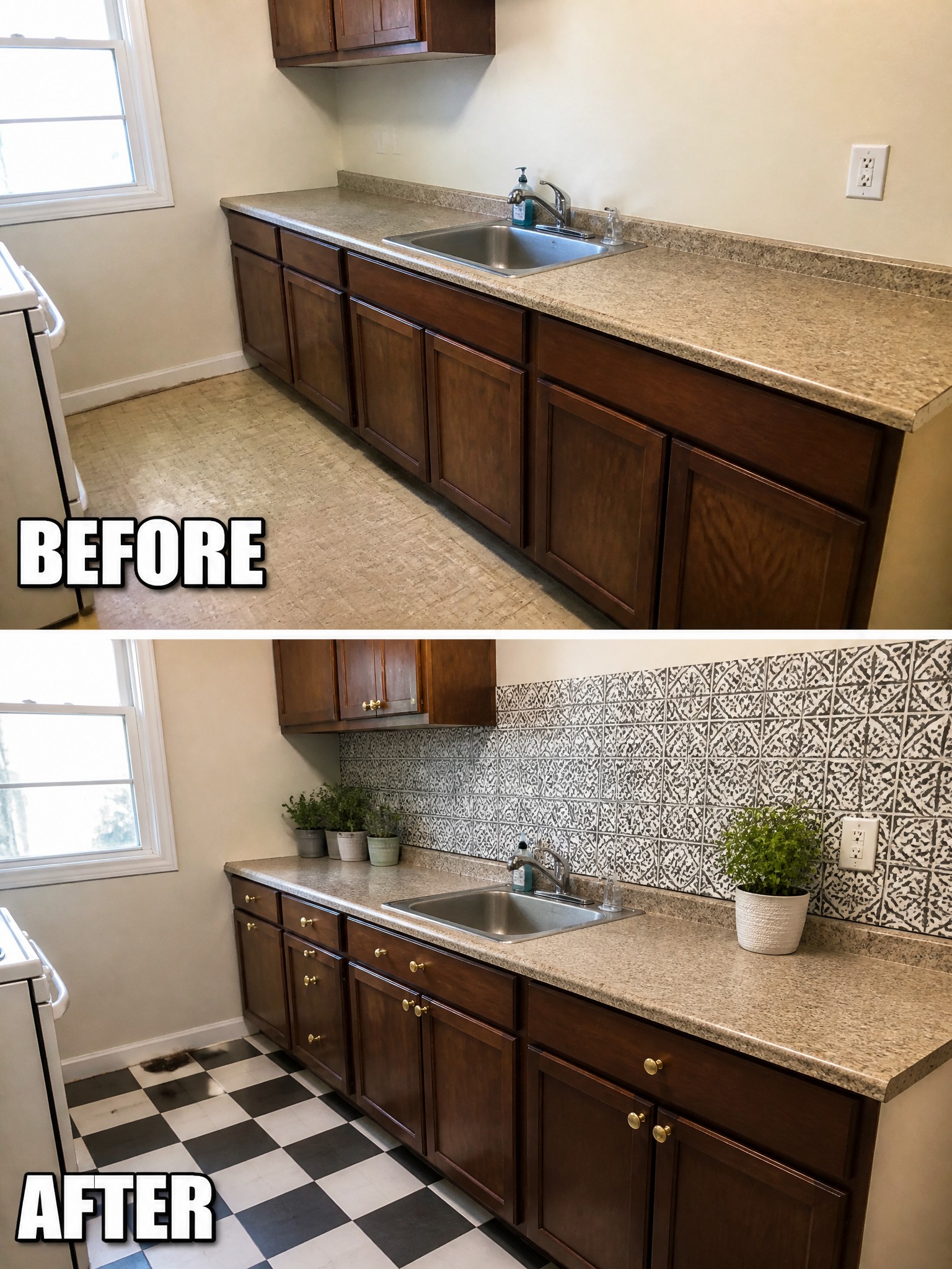 Before-and-after image of a kitchen showing dark wood cabinets with a plain wall and old floor changed to include a patterned tile backsplash and black and white checkered flooring.