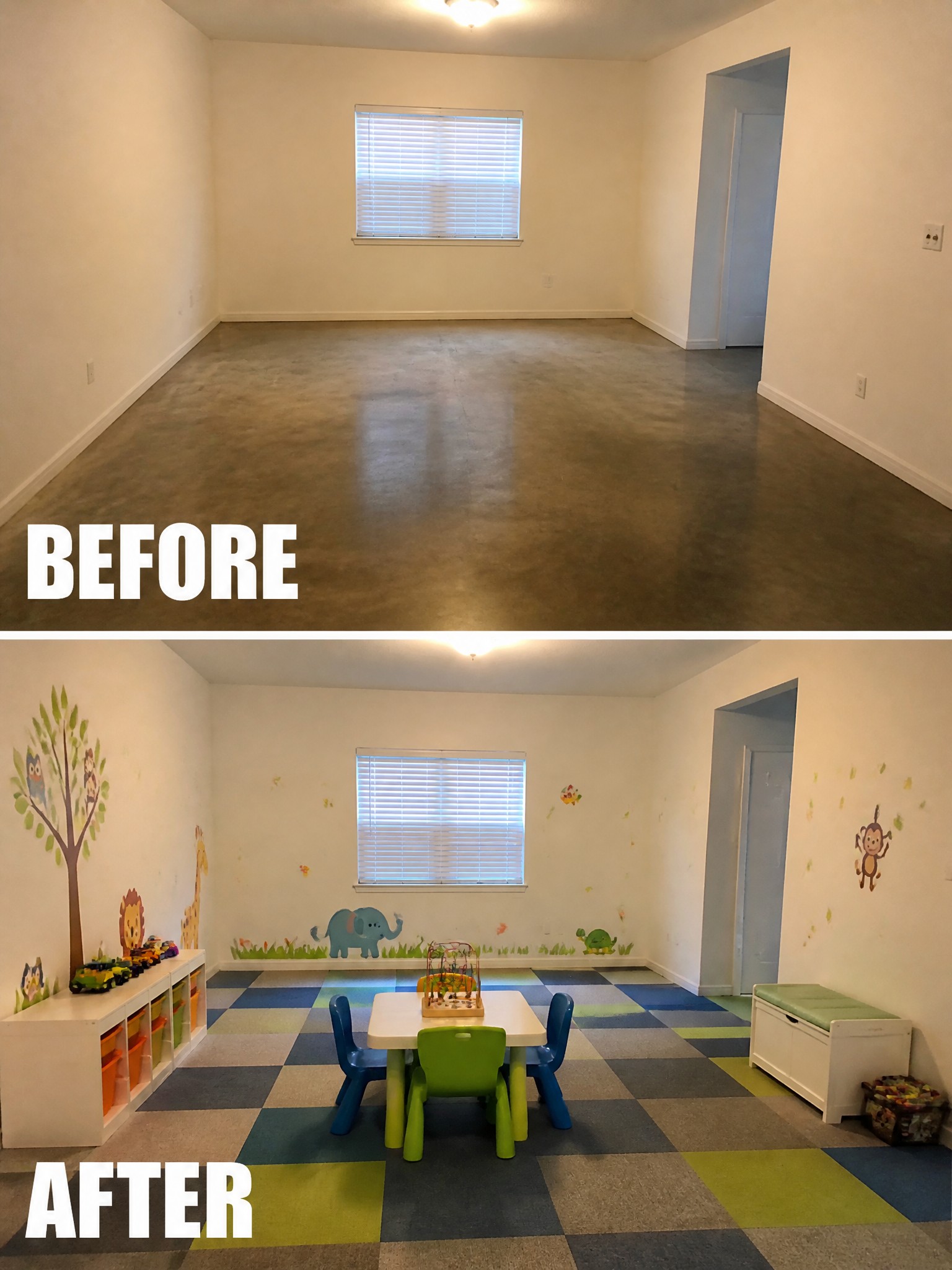 Before-and-after image of an empty room with a concrete floor transformed into a children's playroom with colorful checkered flooring, animal wall decals, and kid-sized furniture.