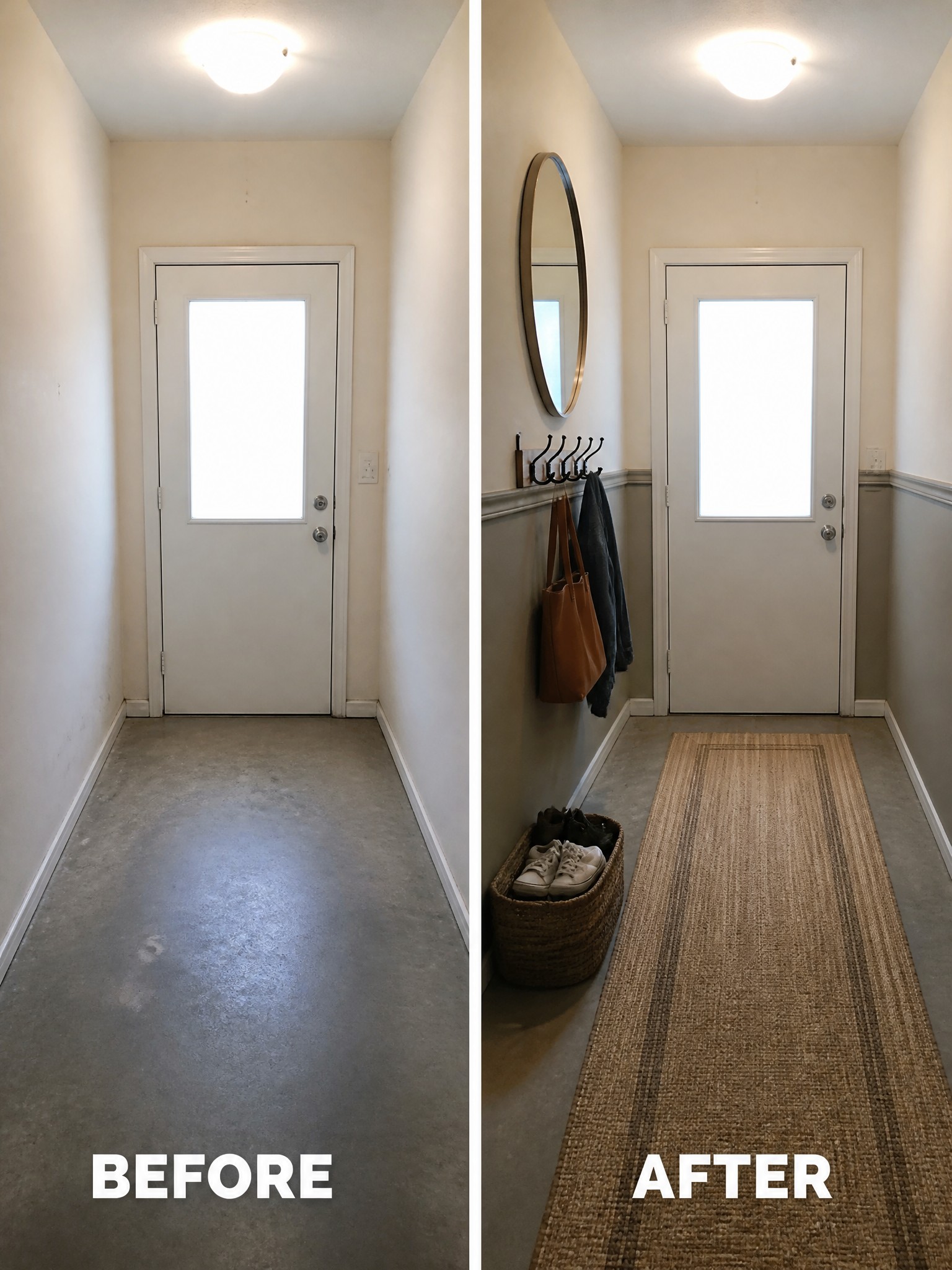 A hallway transformation featuring a round mirror, coat hooks, and a textured rug.