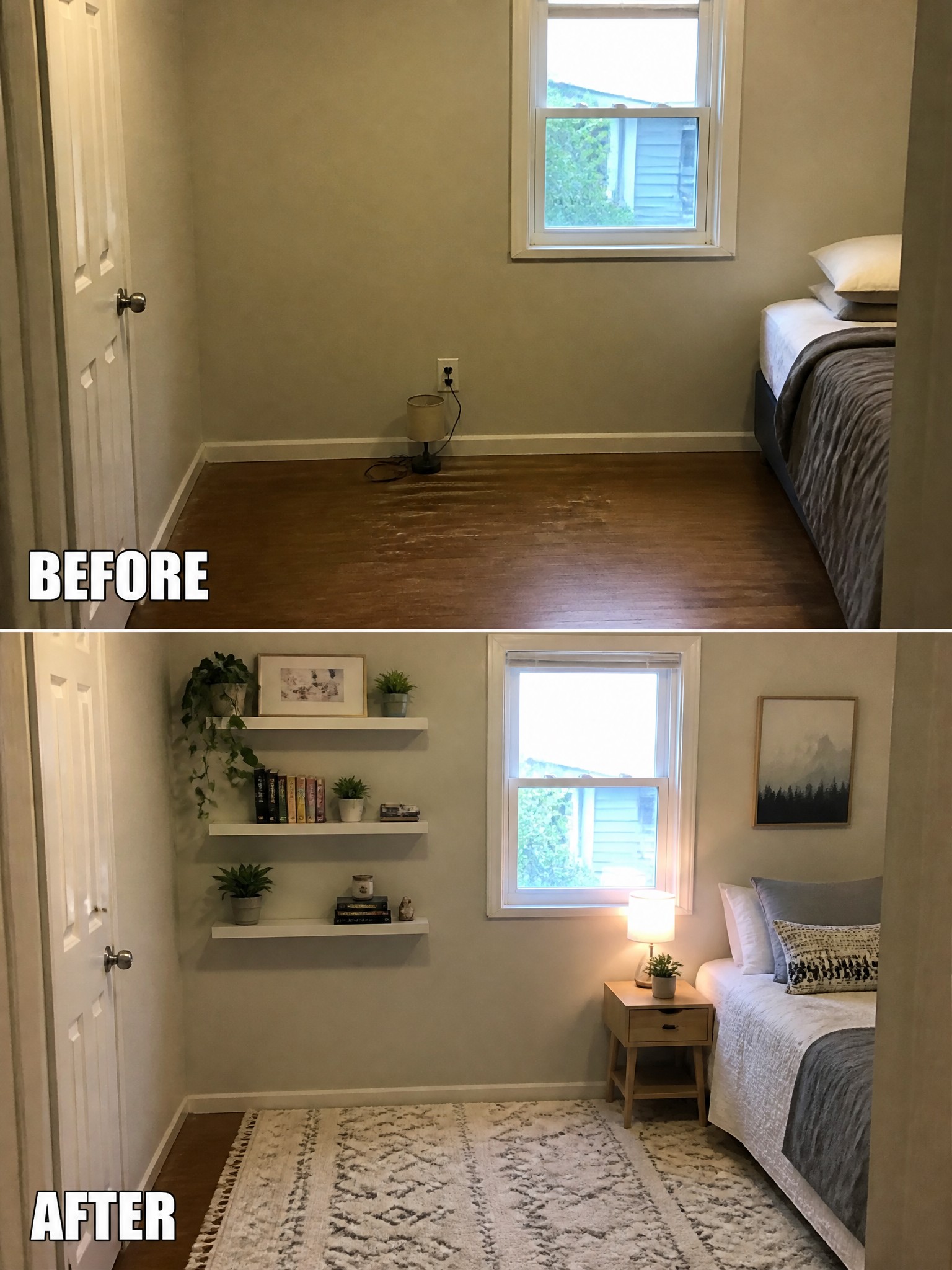 Before-and-after image of a plain bedroom updated with floating shelves, a large patterned rug, wall art, and a bedside lamp.