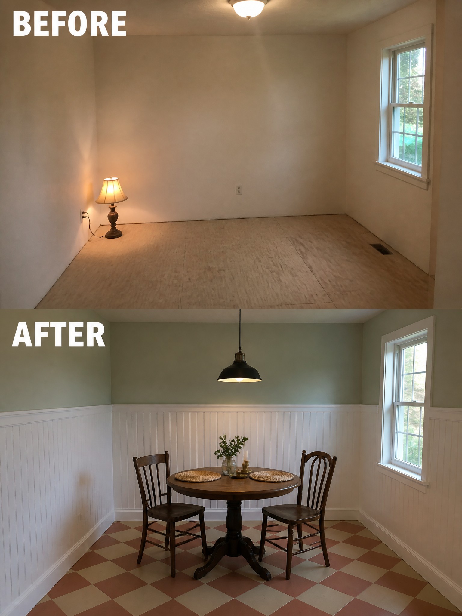 Transformed room scene: empty before with a lamp, and cozy after with table and chairs.