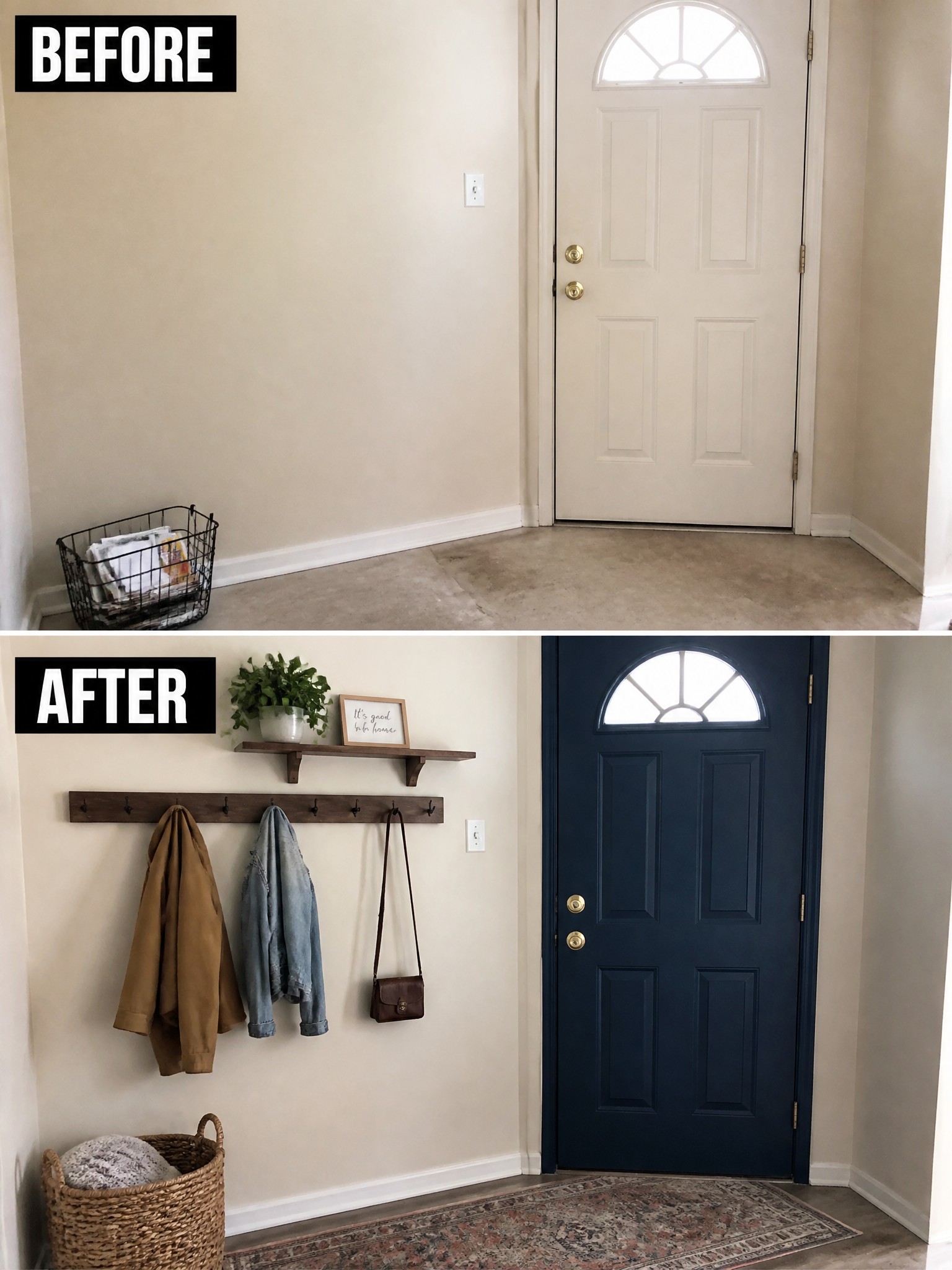 Entryway transformation with navy door, wooden coat hooks, and a decorative rug.