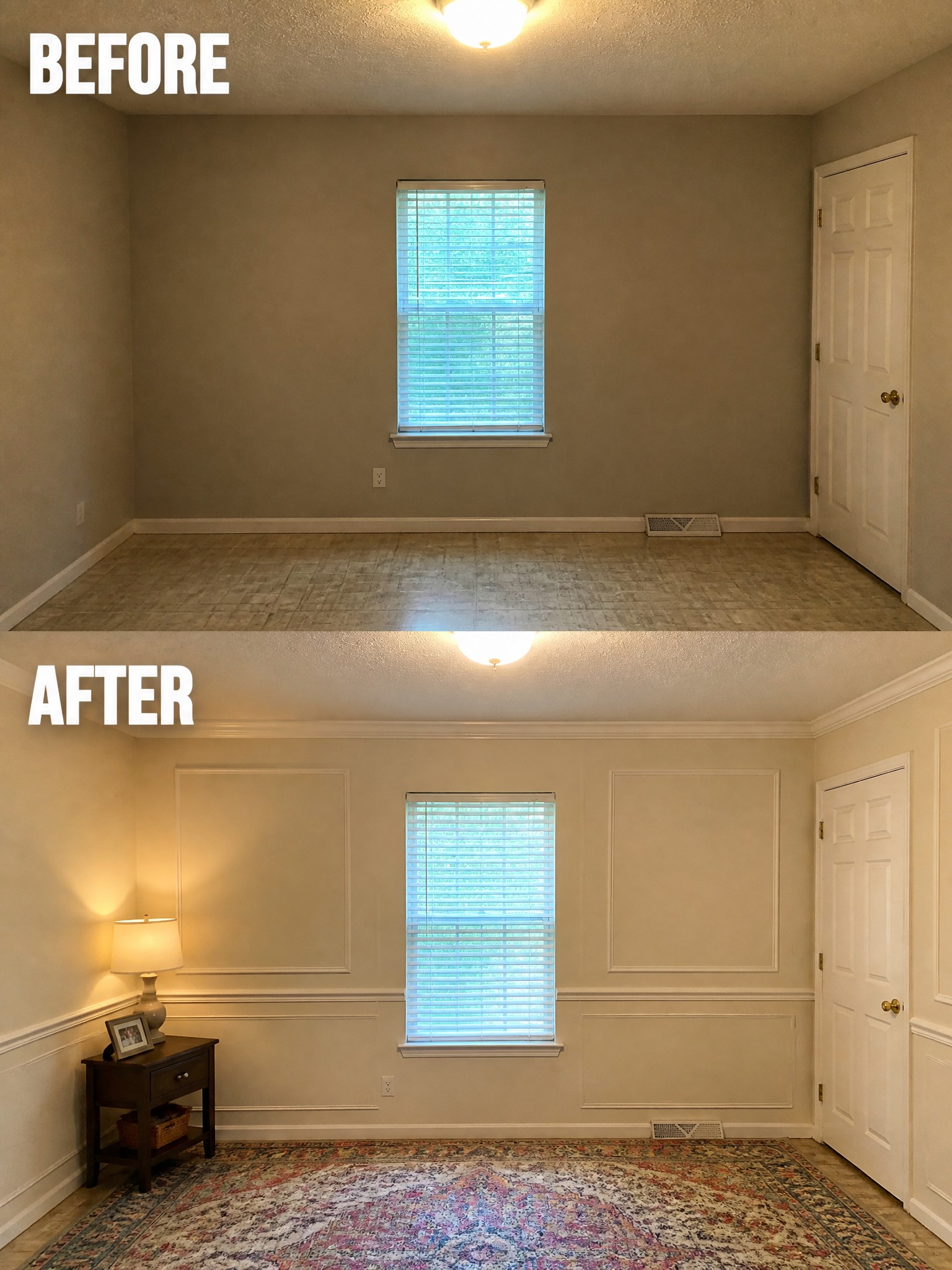 Before-and-after image of a plain empty room updated with wall panel molding, wainscoting, a rug, and a side table with lamp.