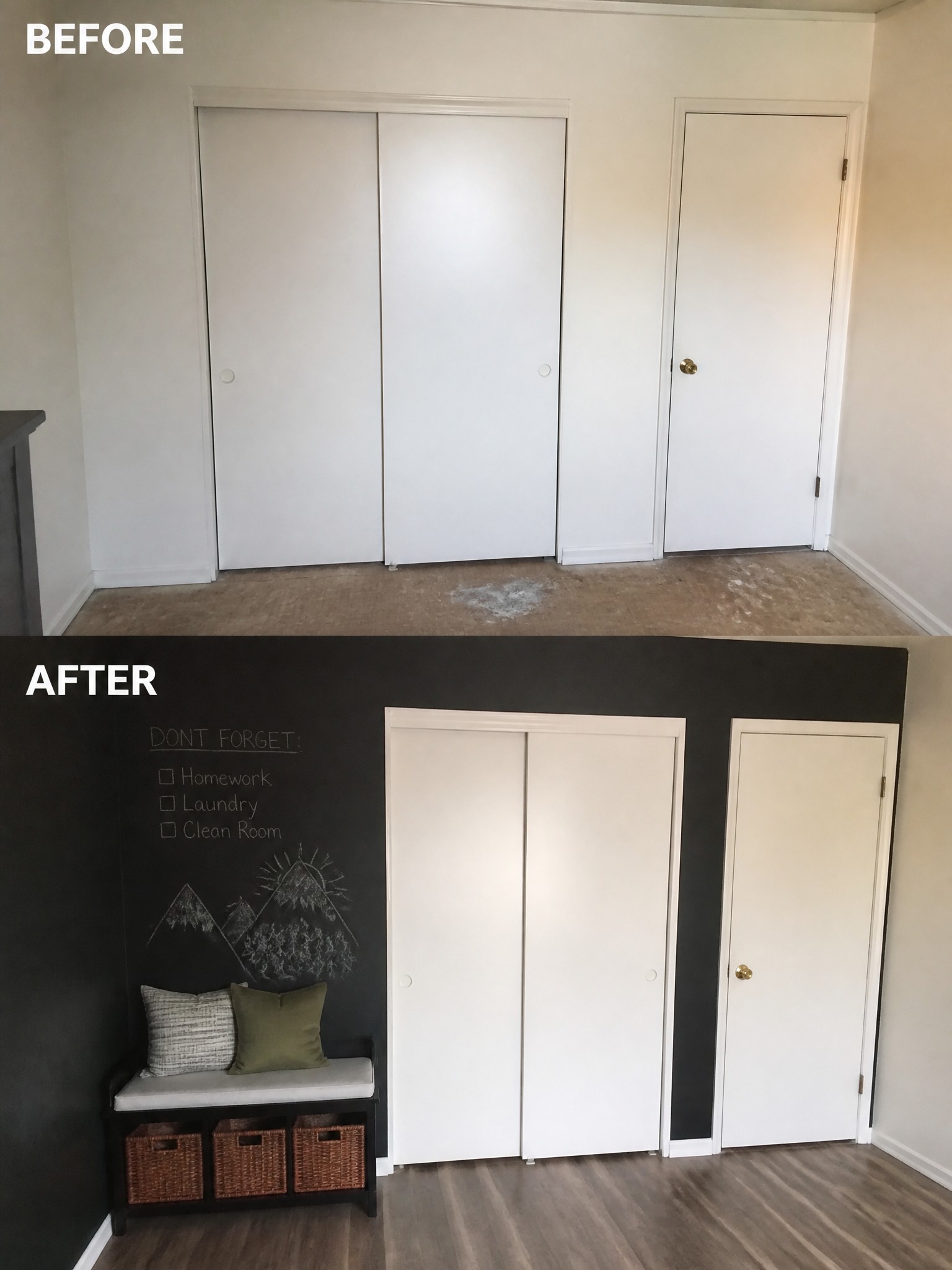 Before-and-after room transformation showing a chalkboard wall, seating, and organized storage.