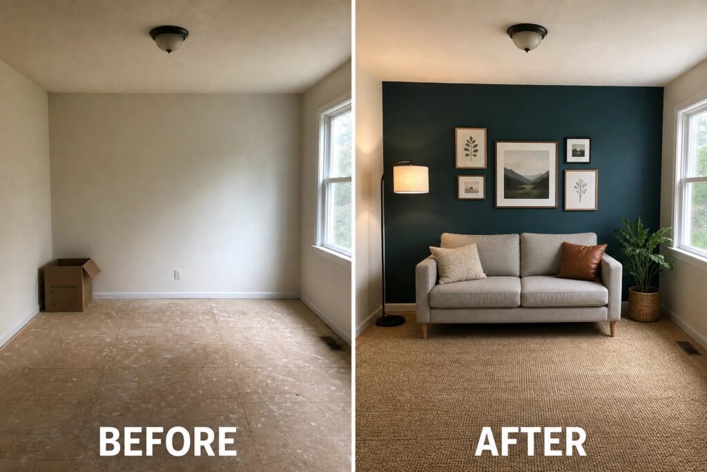 Transformation of a living room from bare walls to a cozy setup with a sofa.