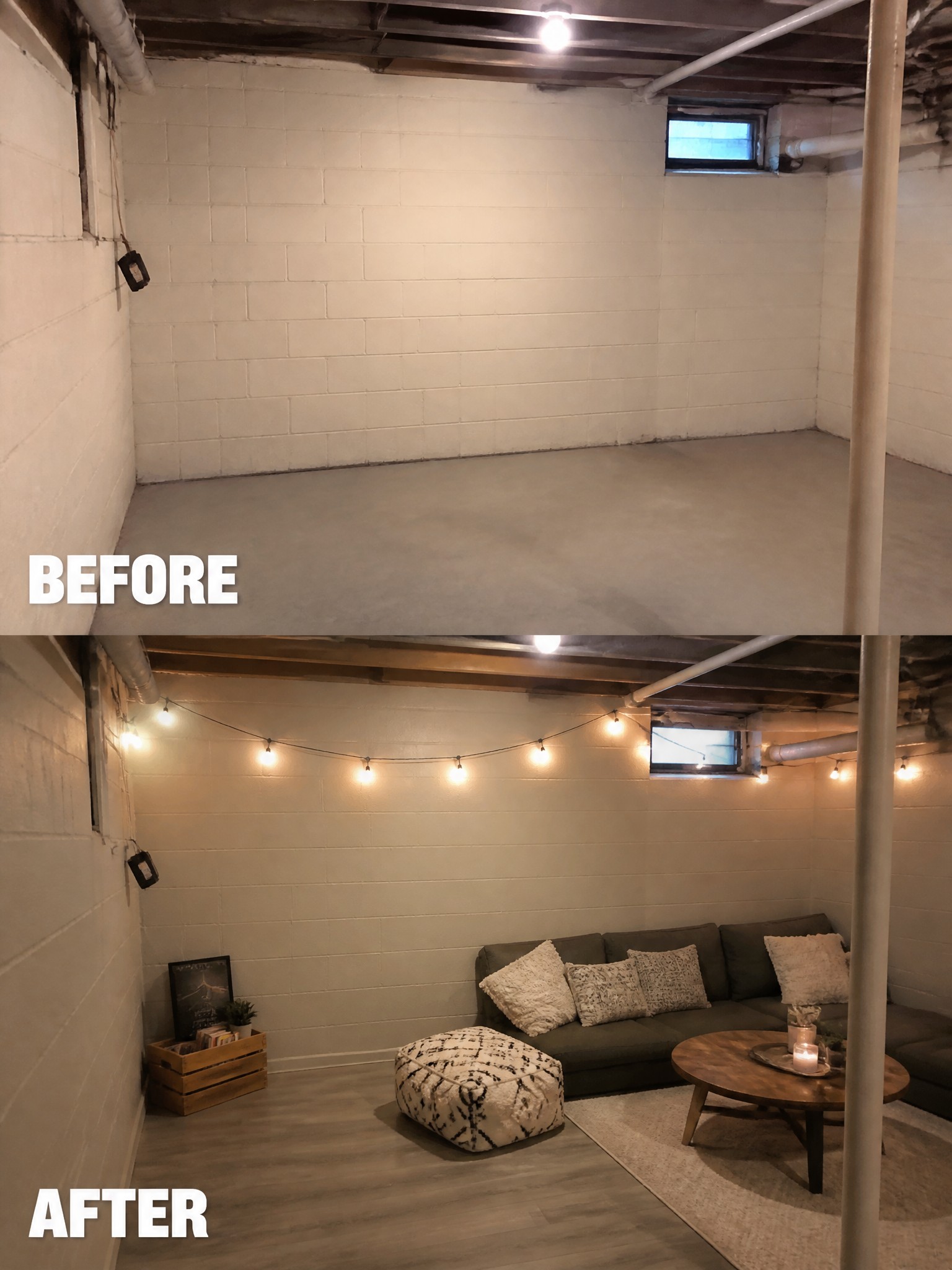 Renovated basement with cozy seating, string lights, and a wooden coffee table.