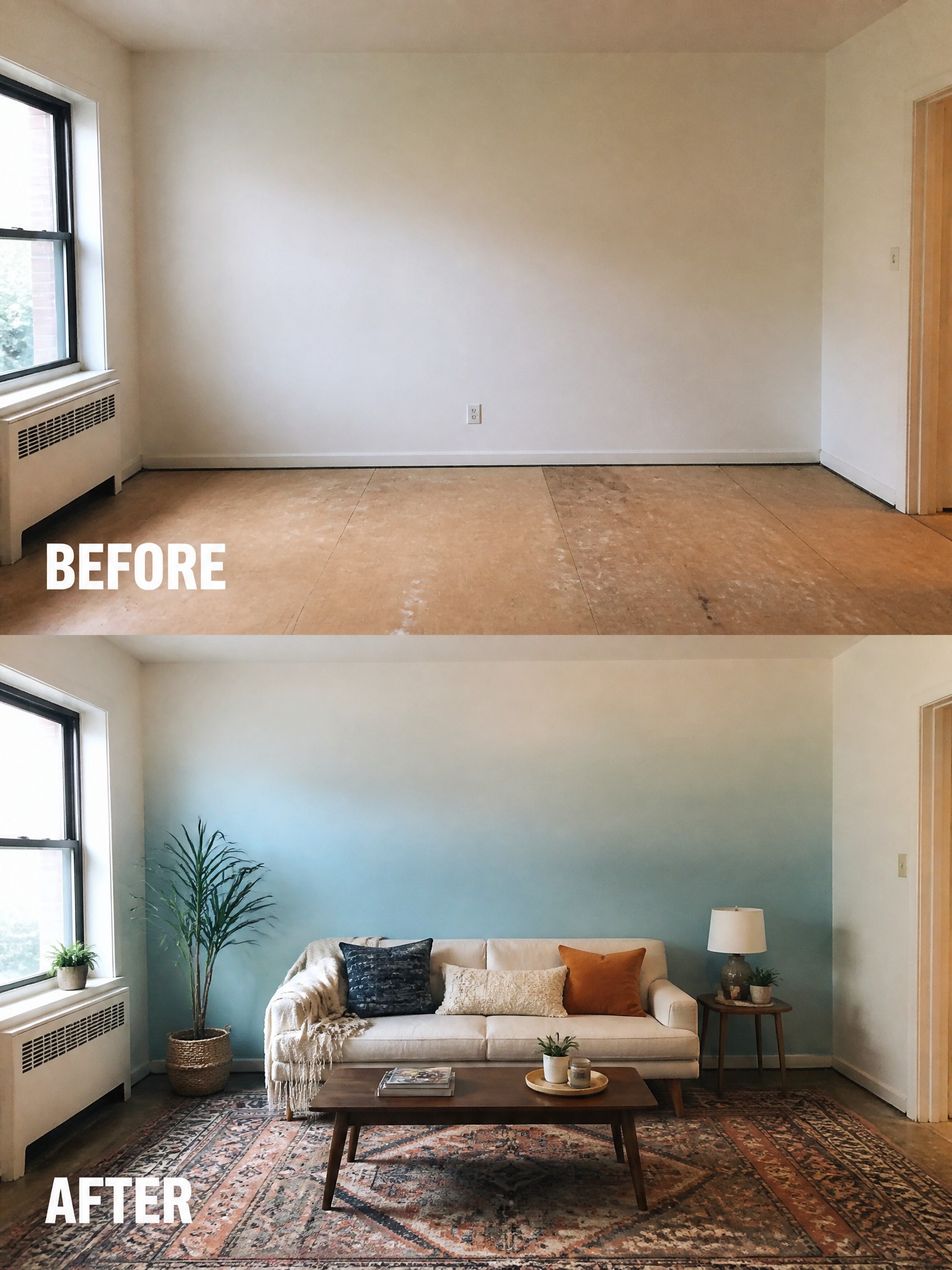 Before-and-after image of an empty room with bare floors and white walls transformed into a furnished living space with a sofa, coffee table, patterned rug, and blue accent wall.