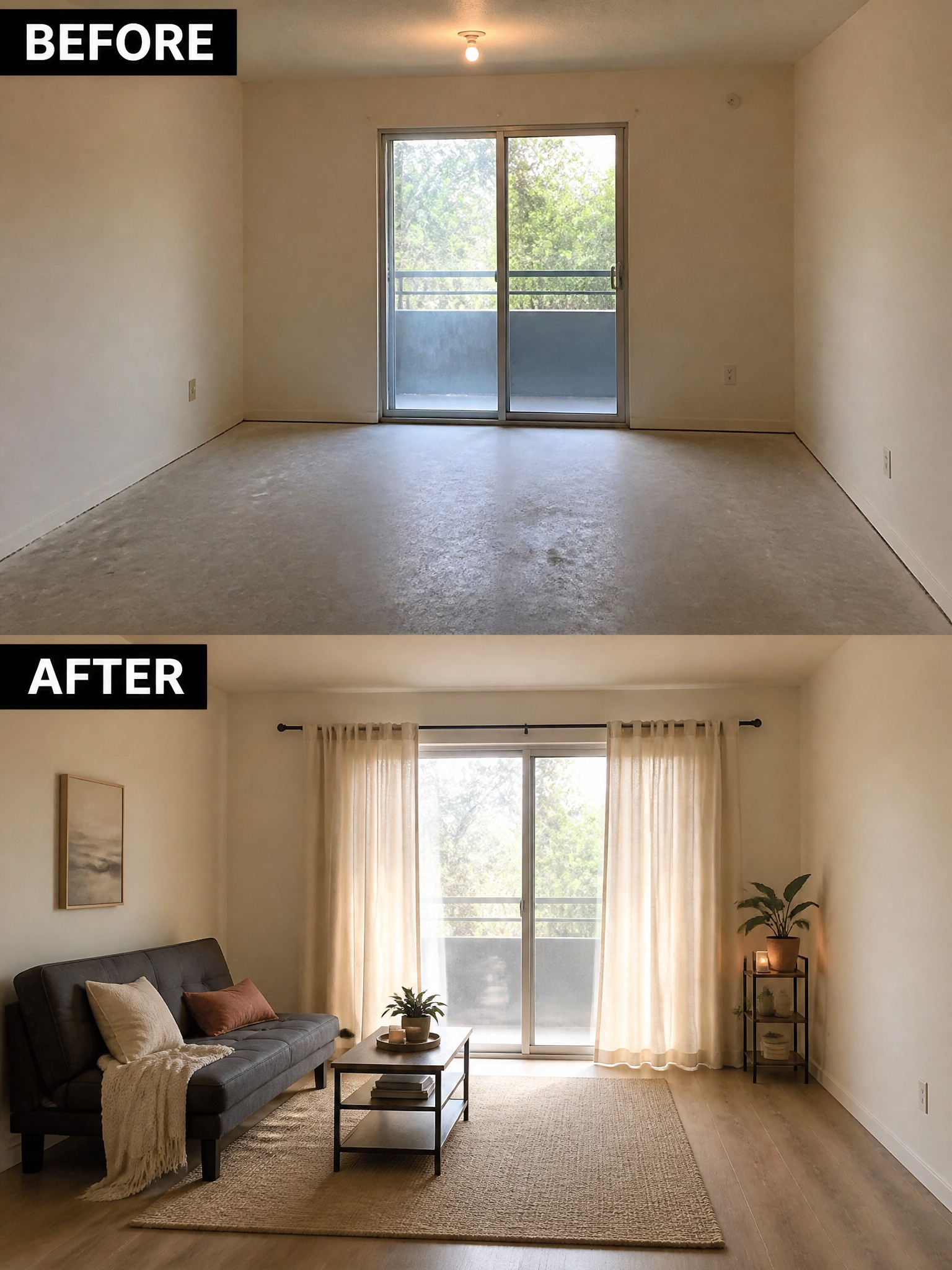 Before-and-after image of an empty room transformed into a furnished living space with a sofa, rug, curtains, and coffee table.
