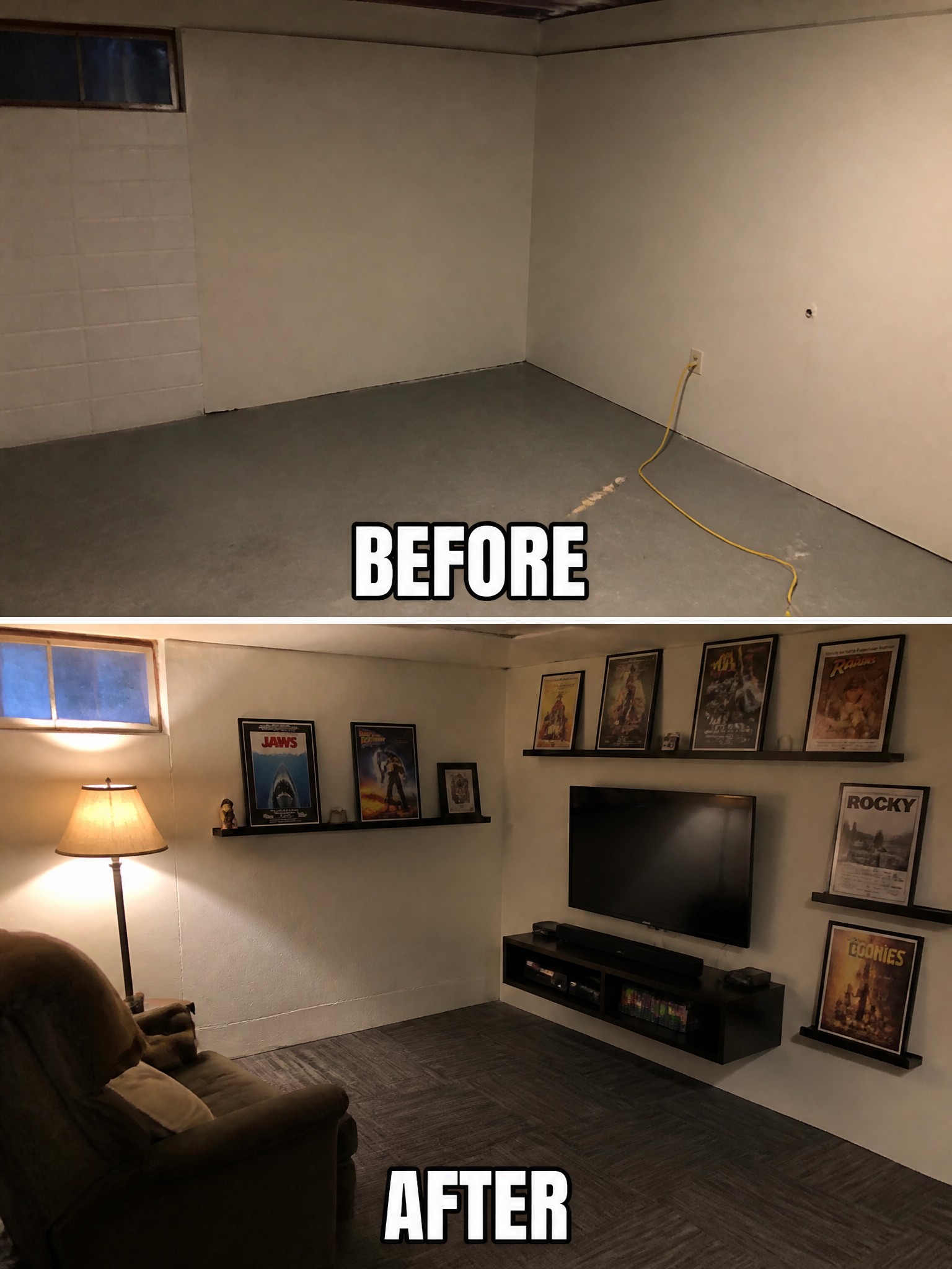 A transformed basement with a cozy seating area, wall shelves, and framed movie posters.