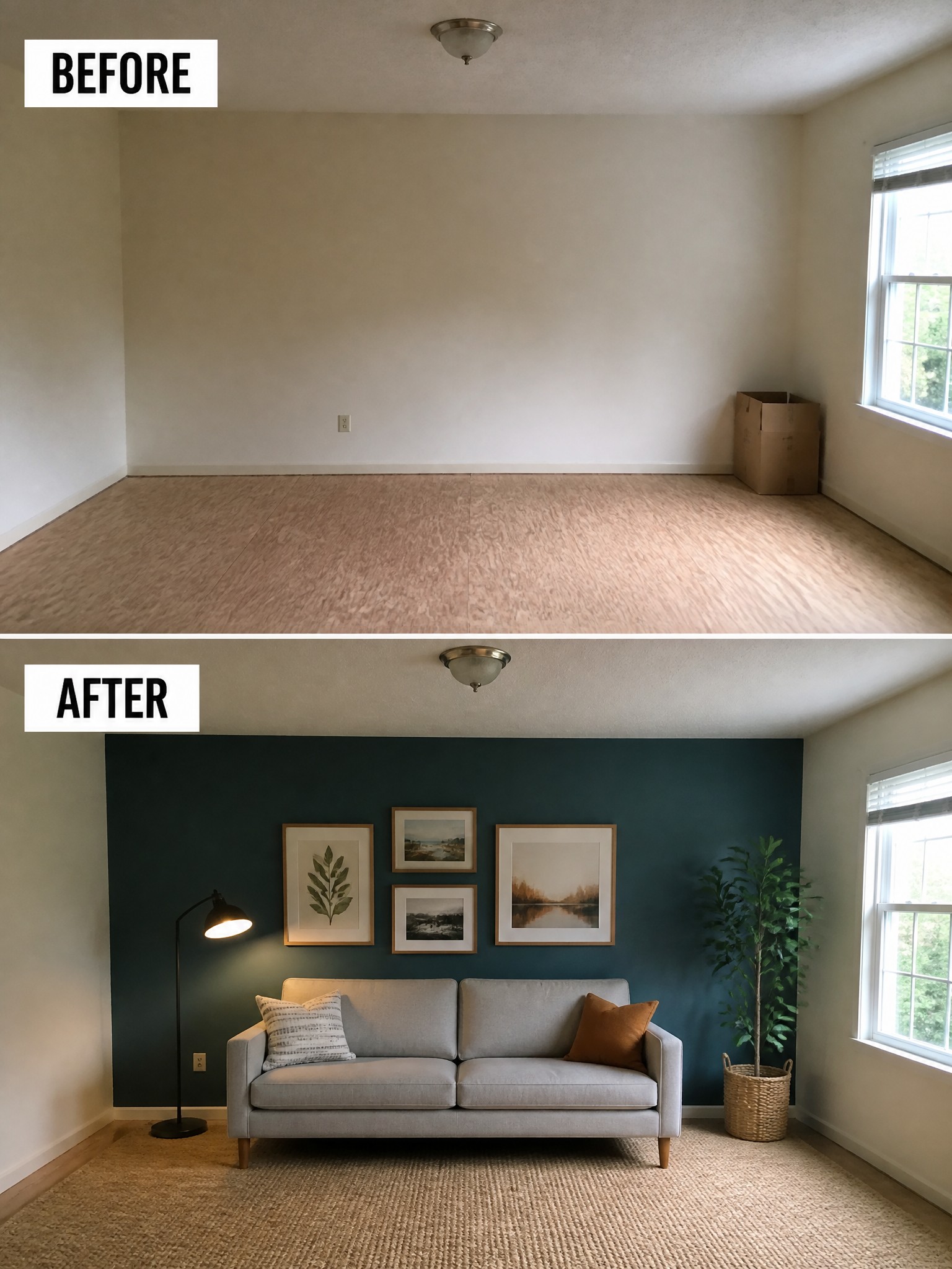 Transformation of a living room from bare walls to a cozy setup with a sofa.