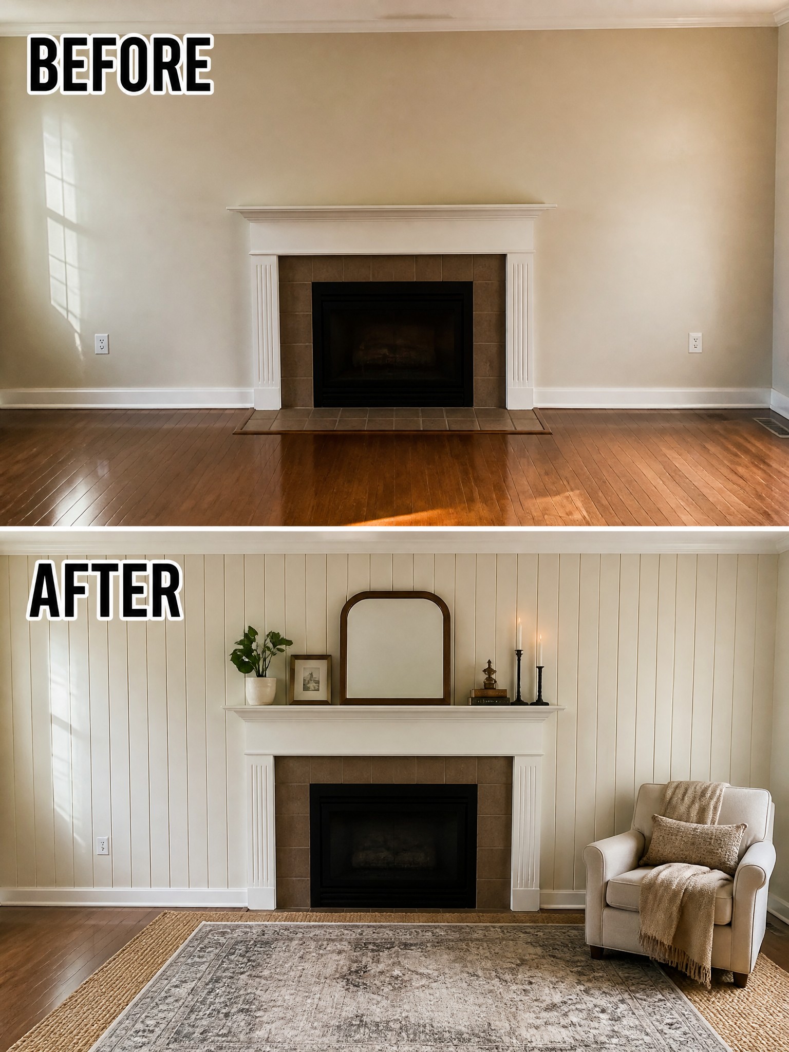 Before-and-after image of a plain fireplace wall updated with vertical paneling, mantel styling, and a large area rug.