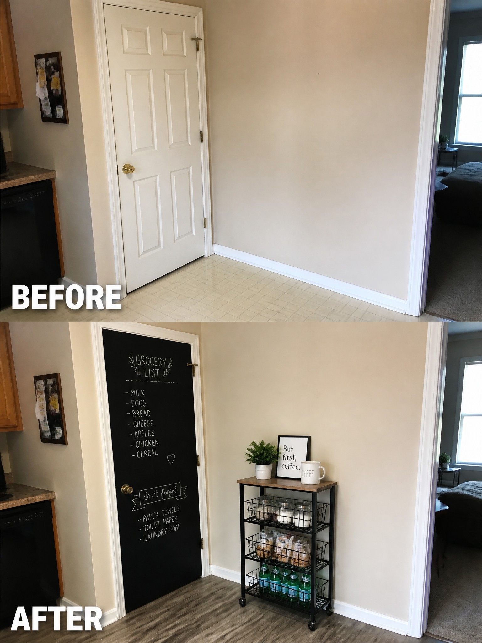 Before and after kitchen corner transformation with a chalkboard door and storage cart.