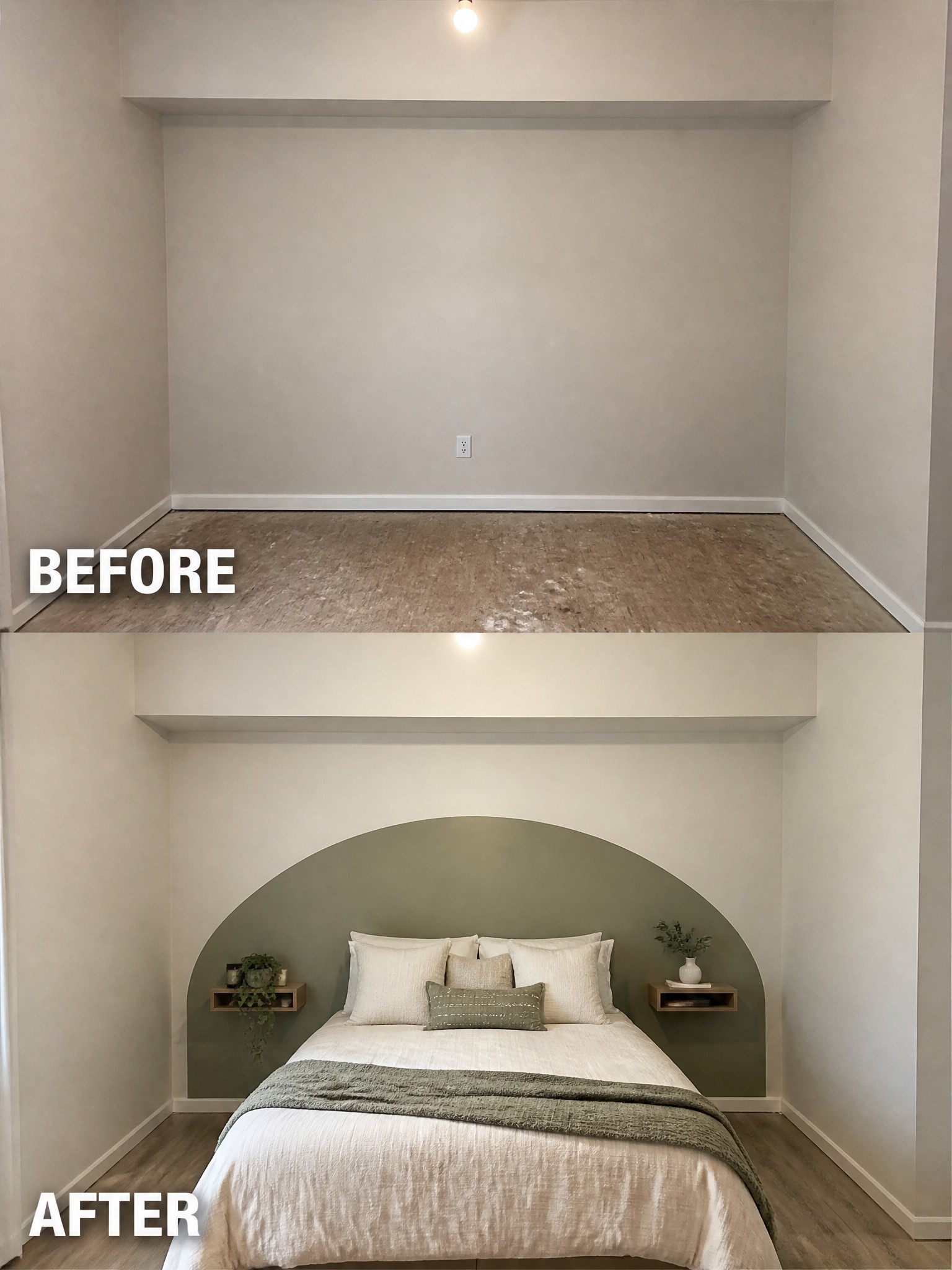 Before-and-after image of a bare recessed room transformed into a bedroom with a green arched accent wall behind the bed and floating shelves on each side.