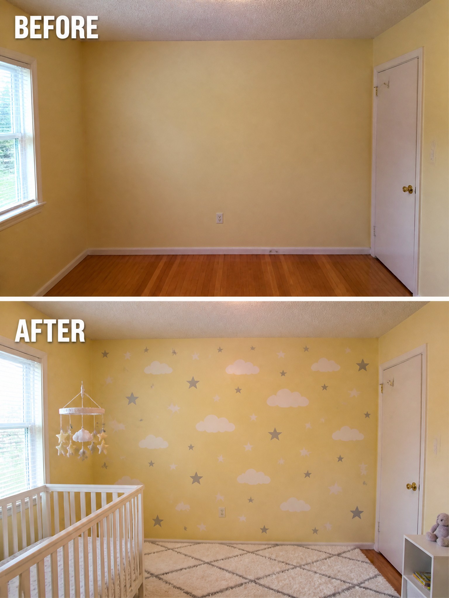 A nursery before and after transformation, featuring clouds and stars on the wall.