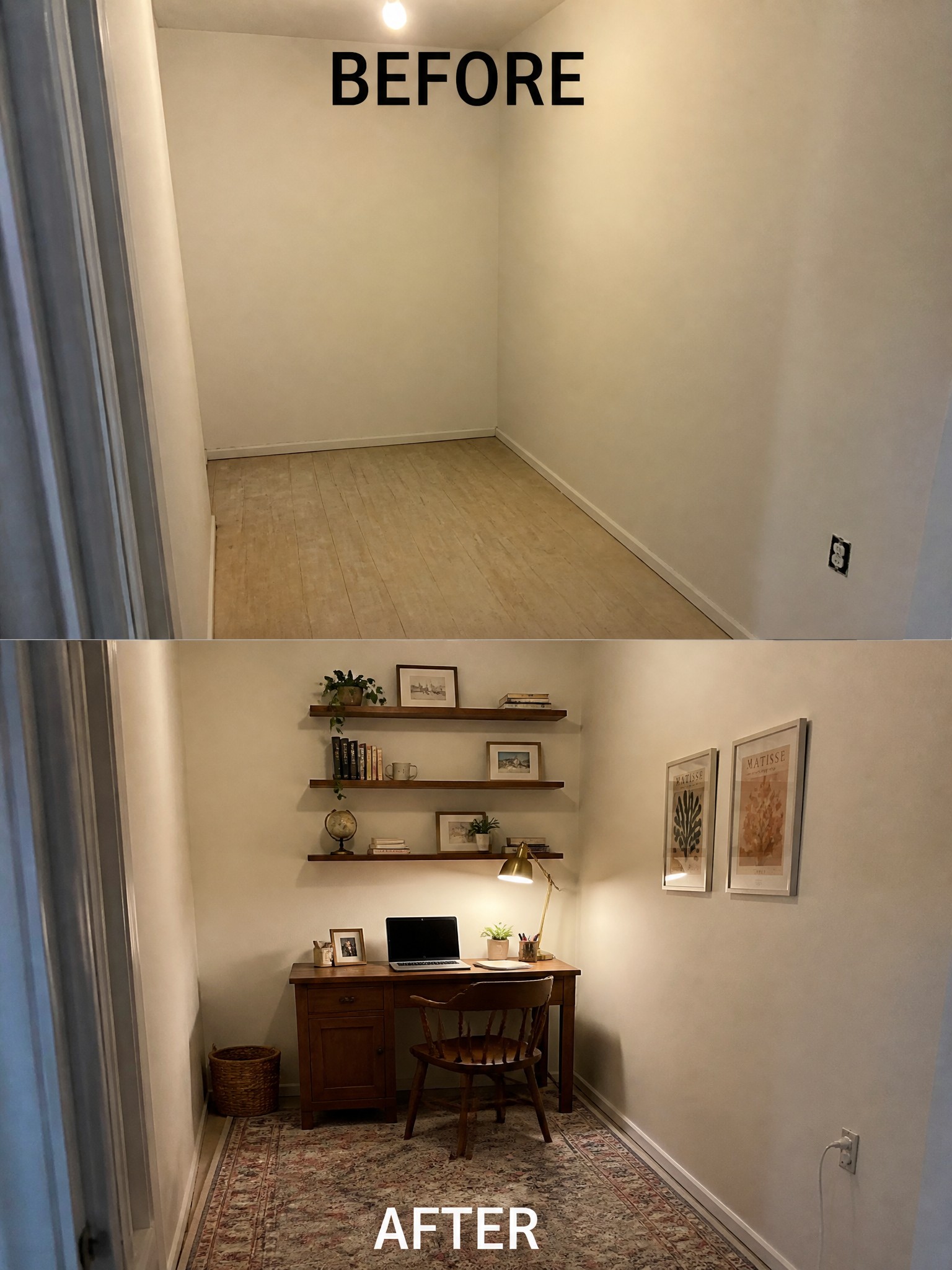 Before-and-after image of an empty room transformed into a home office with a wooden desk, floating shelves, and a patterned rug.