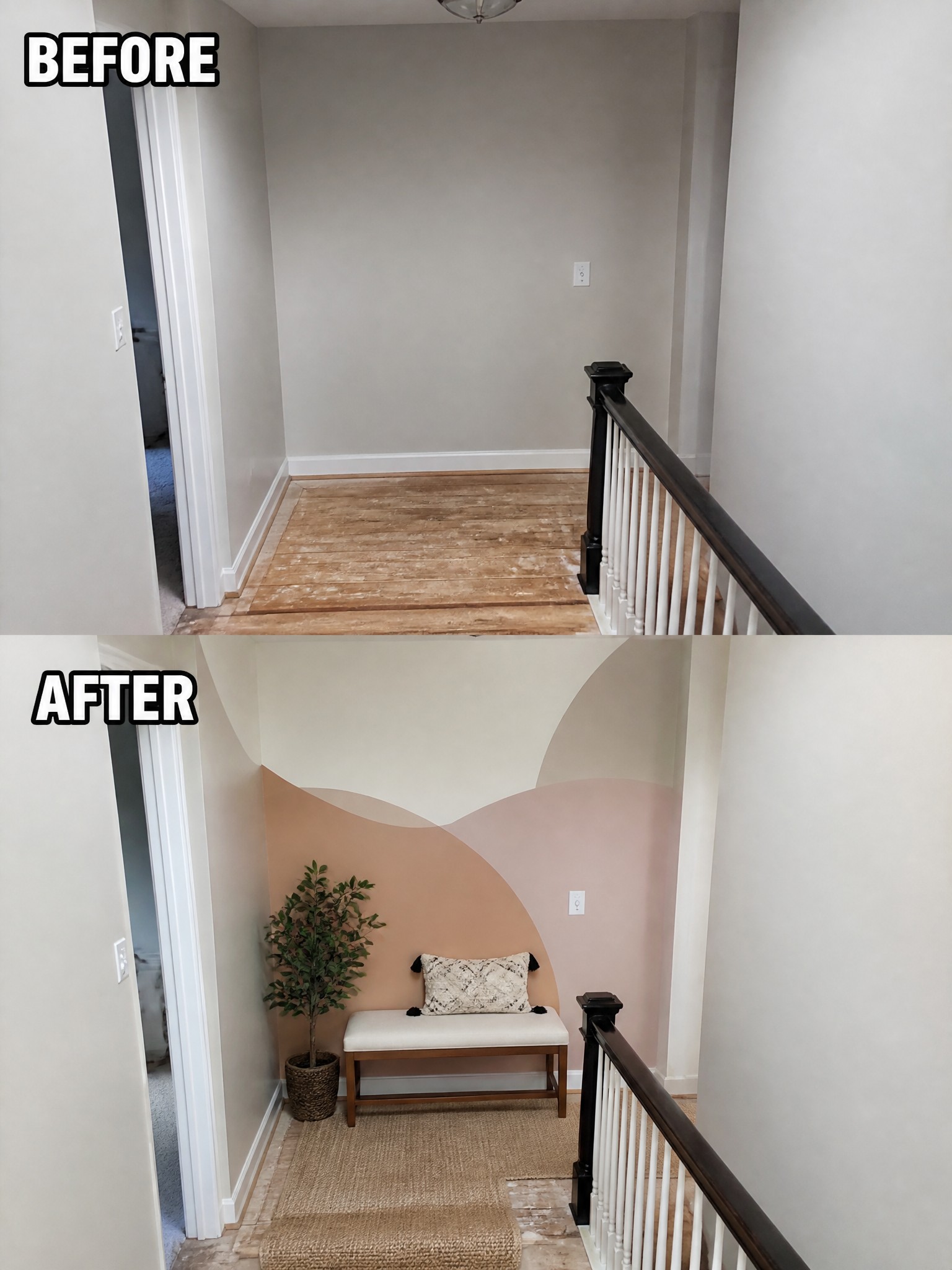 Hallway transformation featuring a stylized wall mural, bench, and decorative plant.