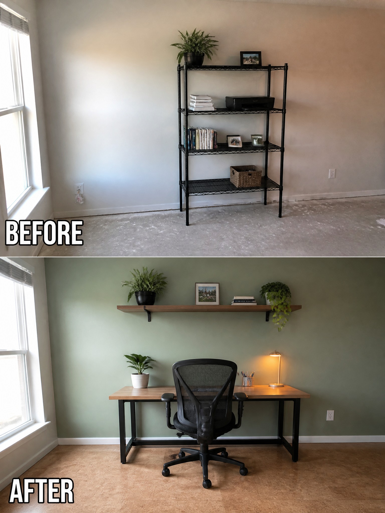 Before-and-after image of an empty room with a metal shelving unit transformed into a home office with a wooden desk, black chair, and wall-mounted shelf on a painted green wall.