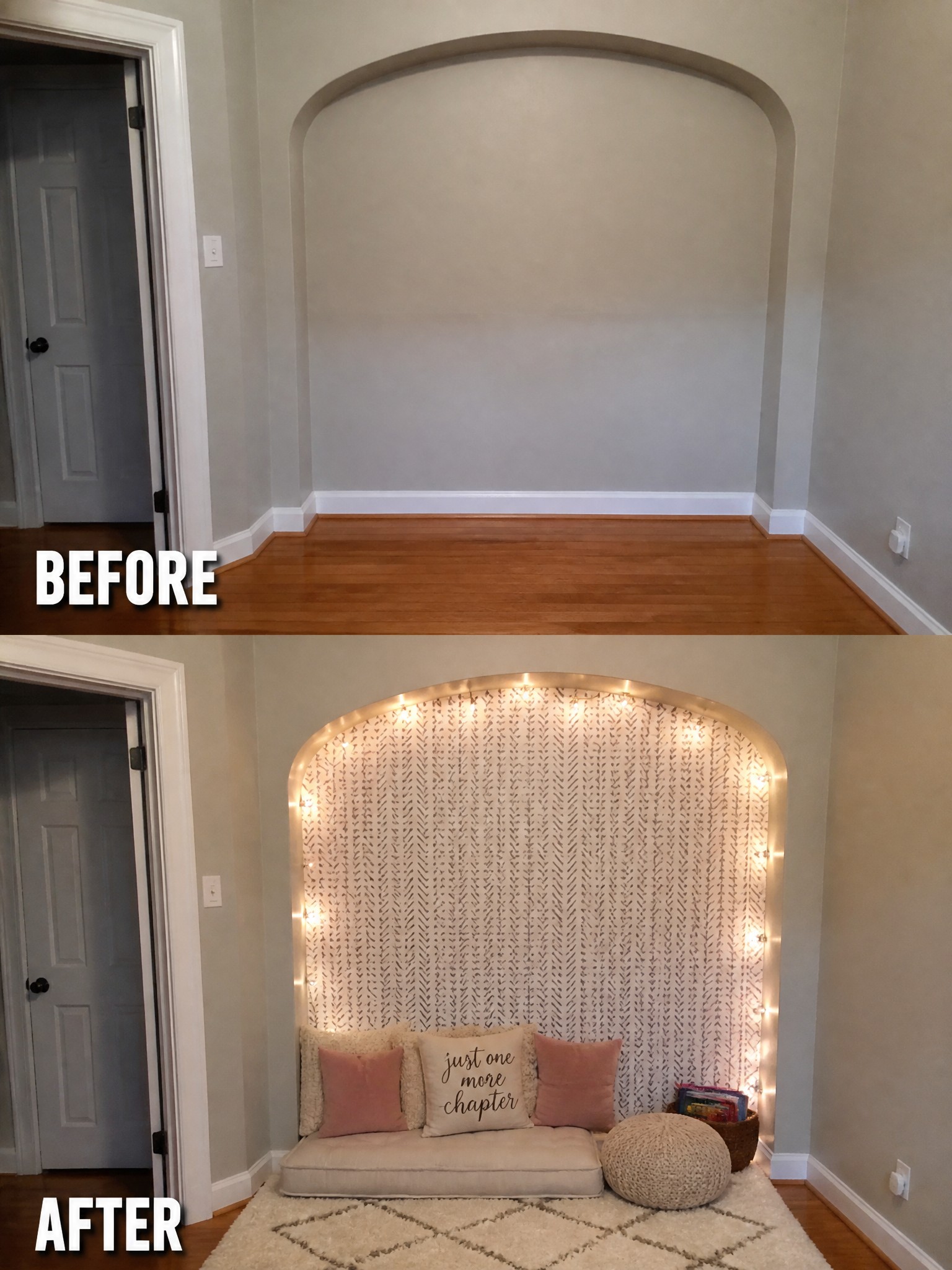Before and after transformation of a cozy alcove with fairy lights and cushions.