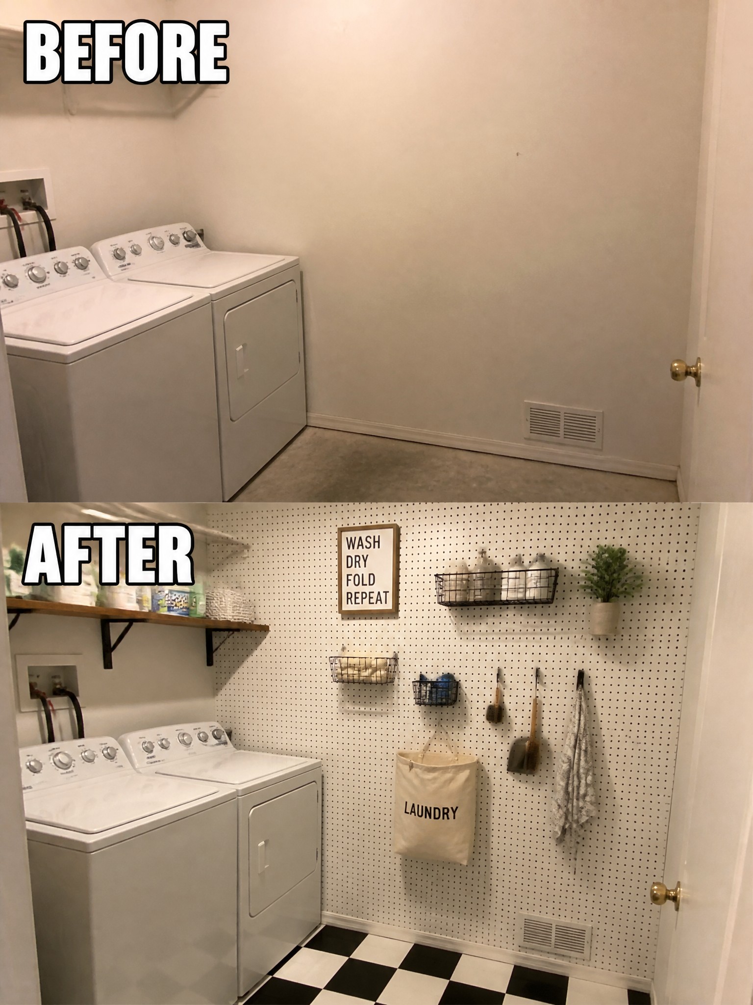 Before-and-after laundry room transformation, featuring organized shelves, baskets, and a checkered floor.