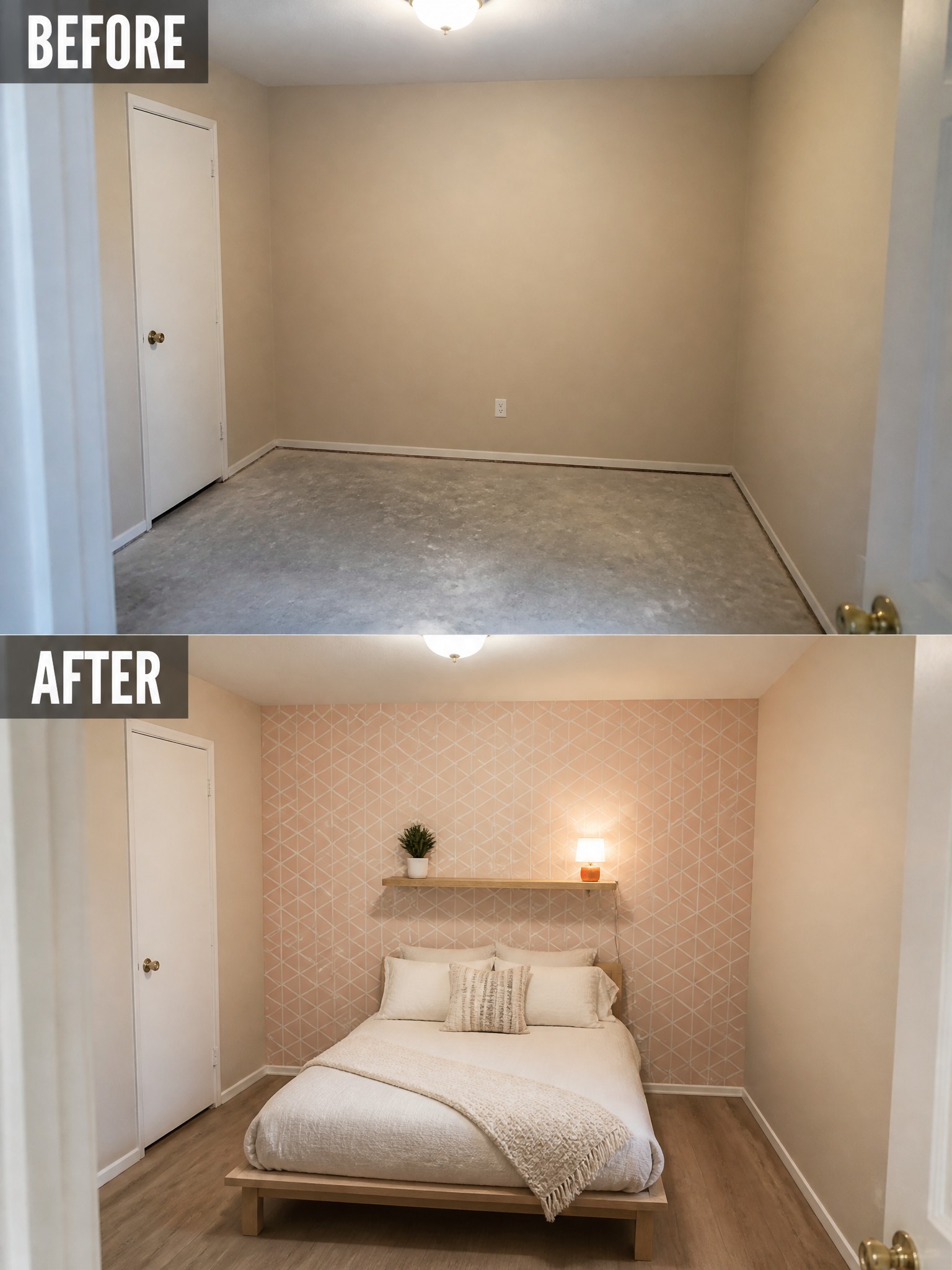 Transformed bedroom before and after: empty space vs. cozy room with bed and decor.