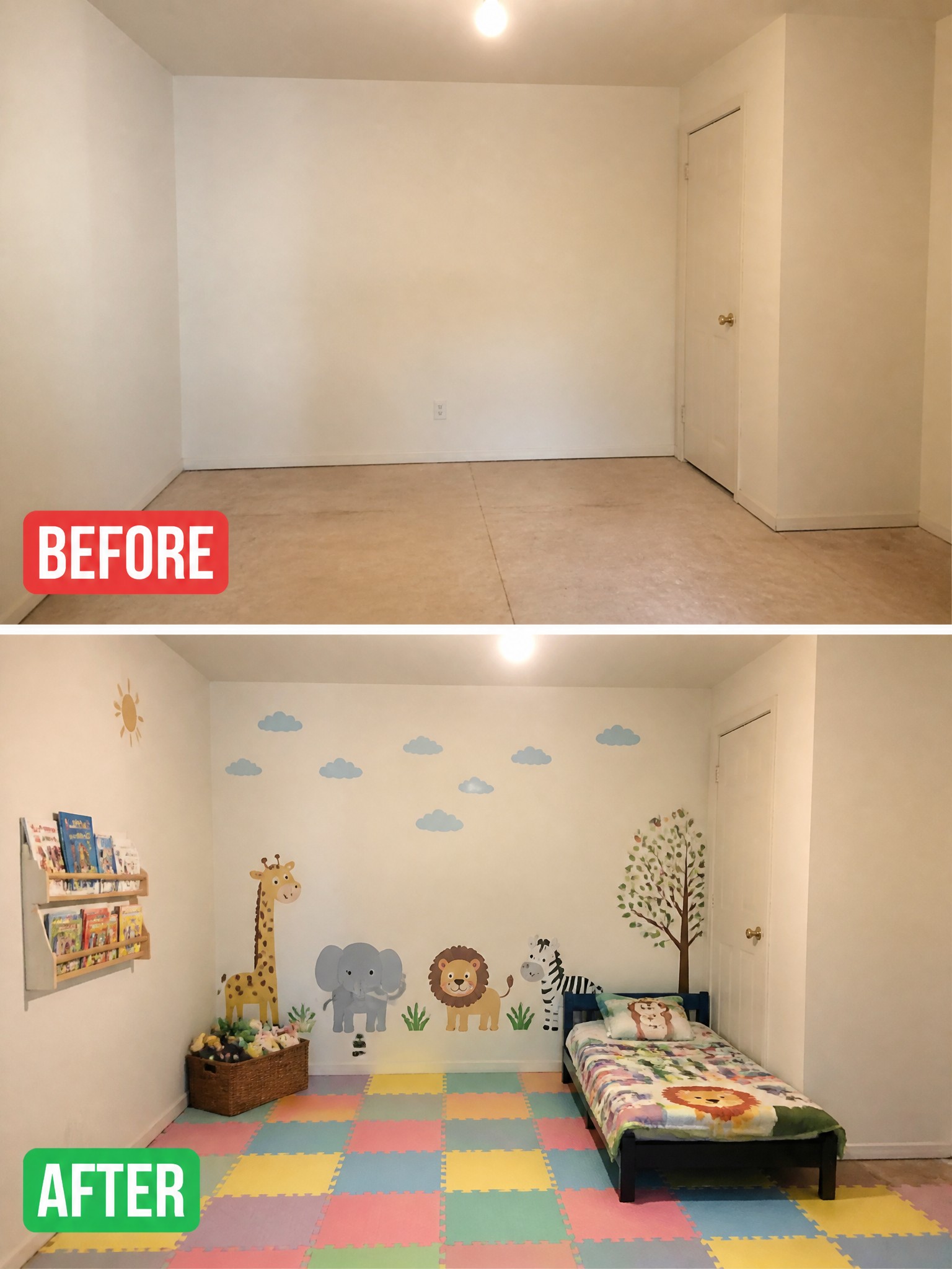 Before-and-after comparison of a children's room, transformed with colorful walls and decor.