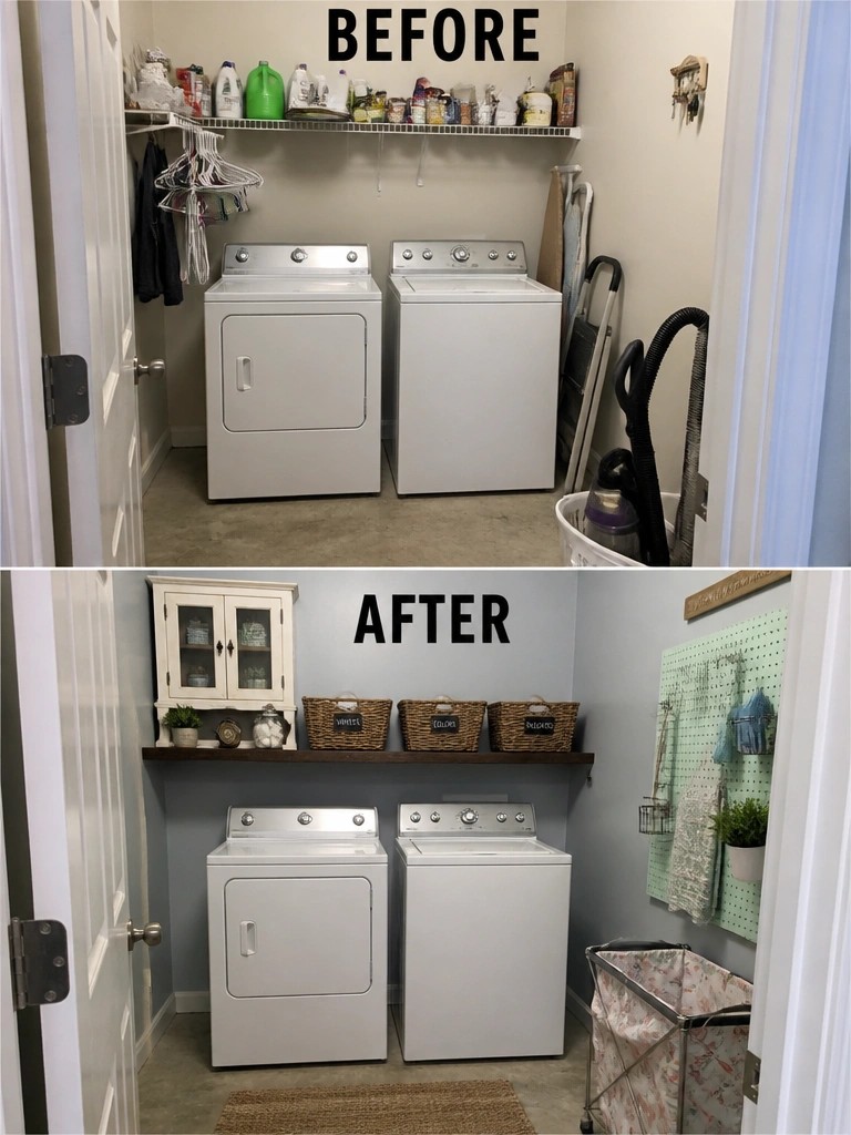 Before-and-after laundry room with white washers, from cluttered mess to organized space