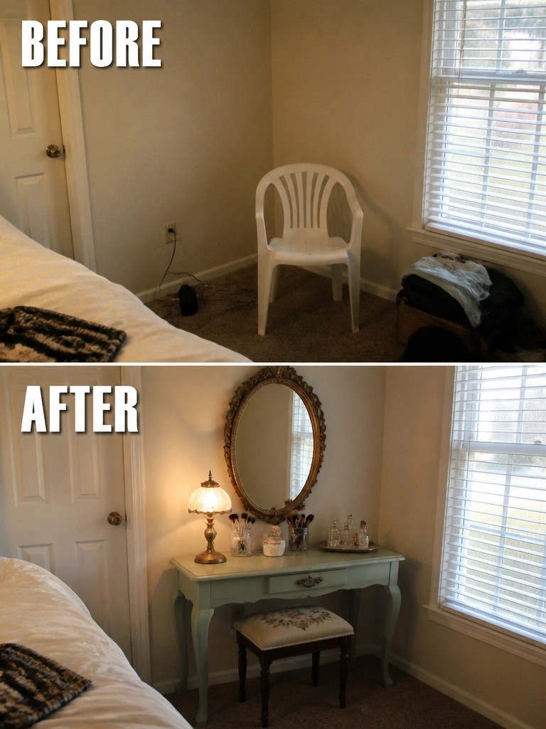Before-and-after image of a bedroom corner transformed from a plastic chair and clutter into a vanity table setup with mirror, stool, and accessories.