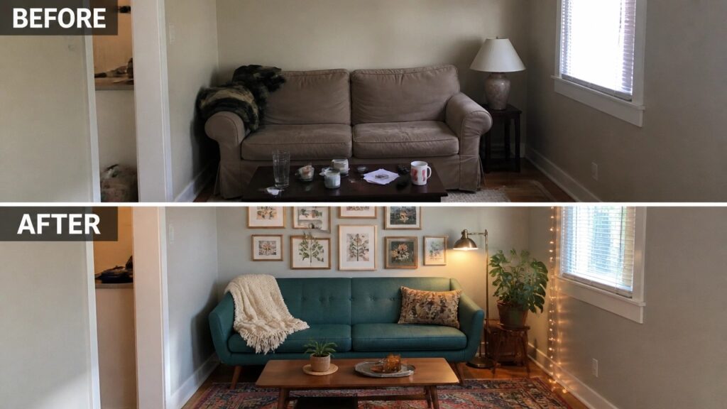 Before and after living room with beige sofa updated to teal, gallery wall, plants.