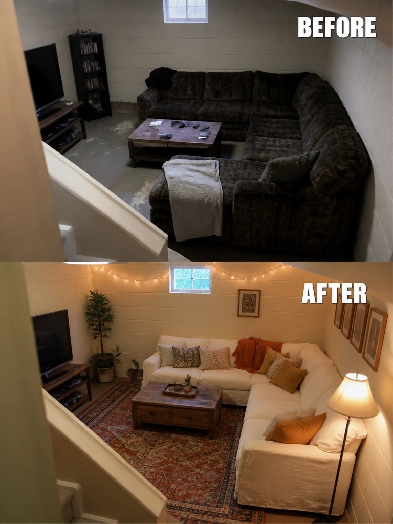 Before and after basement living room with dark sofa and white furniture