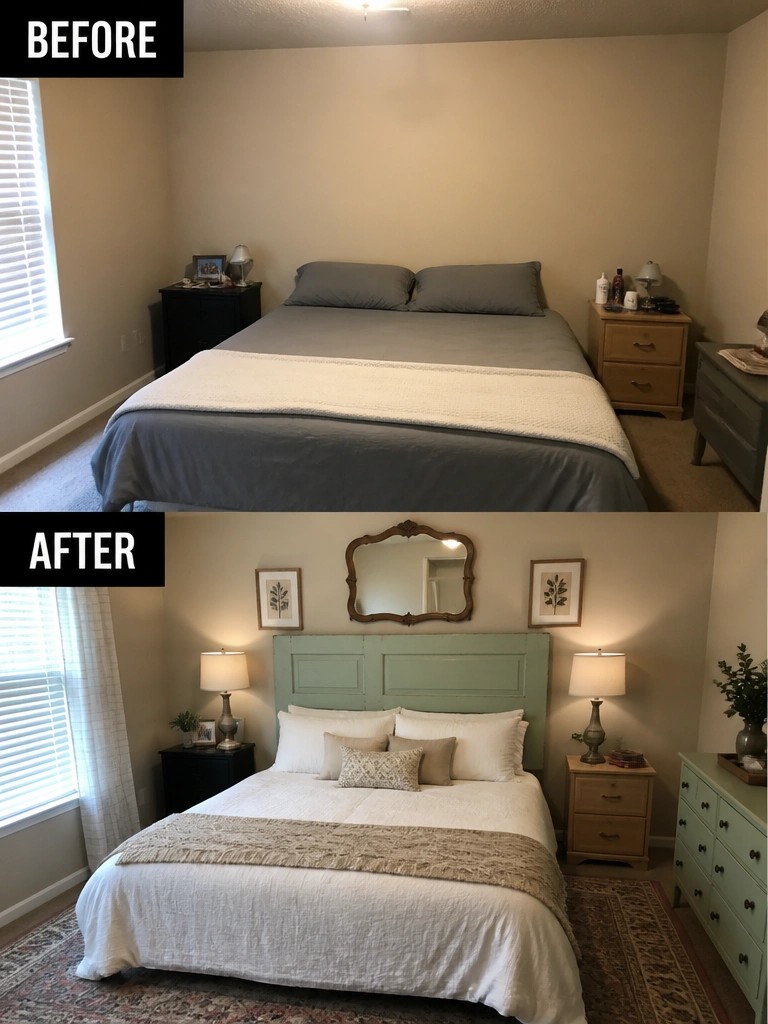 Before-and-after image of a plain bedroom updated with a painted headboard, lamps, wall art, and a rug.