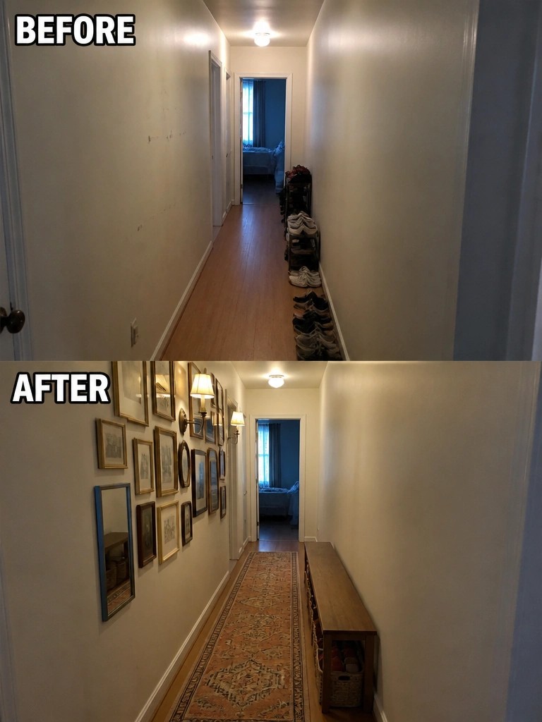 Before-and-after hallway with bare walls, shoe rack, then art gallery, rug, bench.
