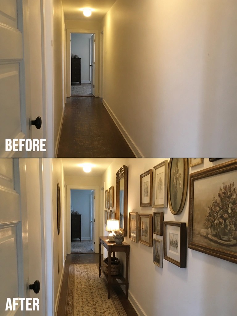 Before-and-after image of a plain hallway updated with framed wall art, a console table, a lamp, and a runner rug.