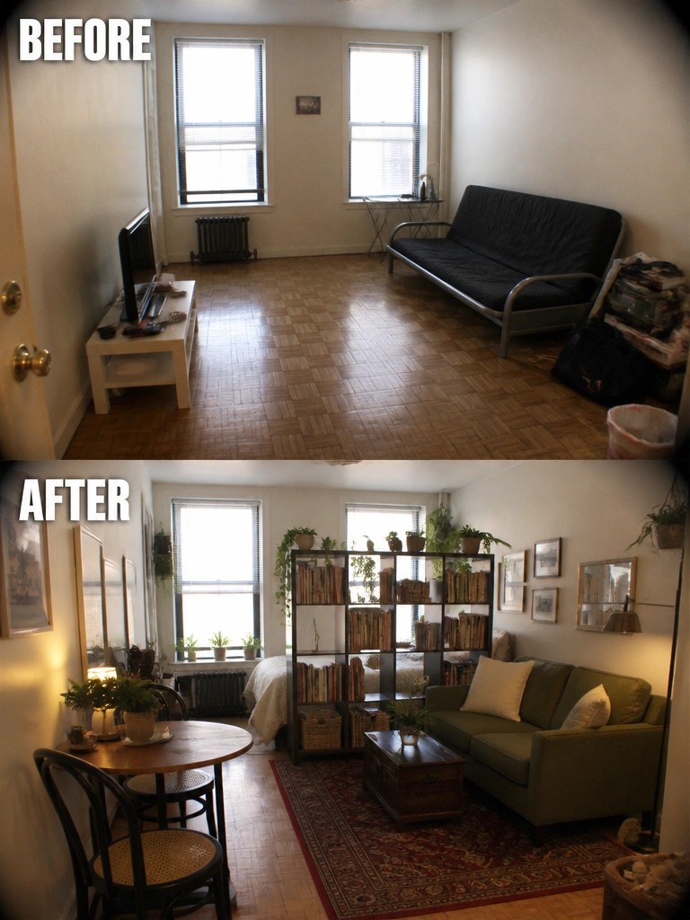 Before and after of a living room transformed with green sofa, plants, and bookshelves.
