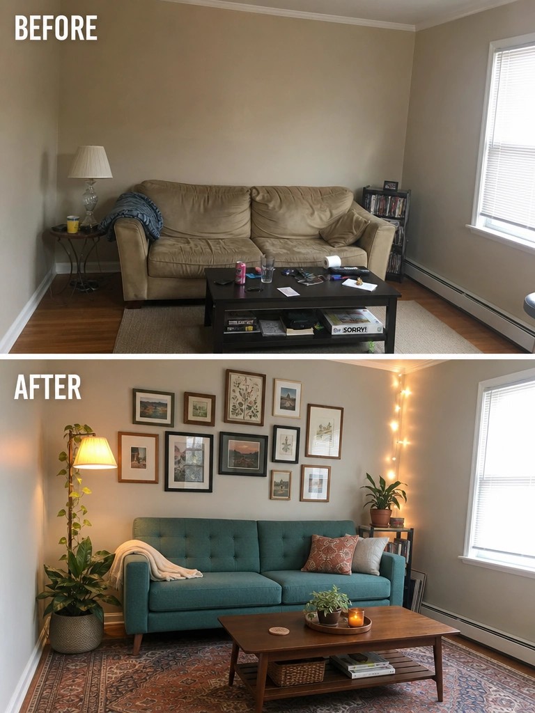 Before and after living room with beige sofa updated to teal, gallery wall, plants.