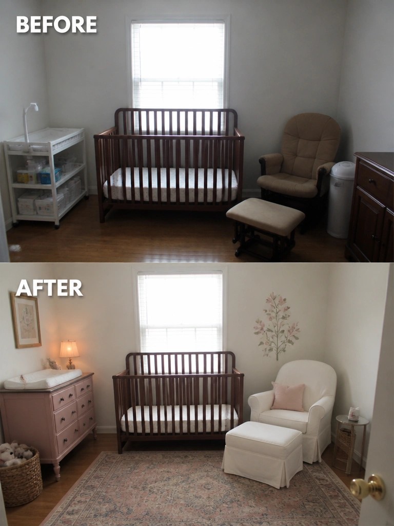 Before and after nursery with wooden crib, pink dresser, white chair and floral decal