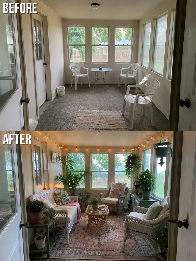 Before and after of a plain porch transformed into a cozy plant-filled sunroom.