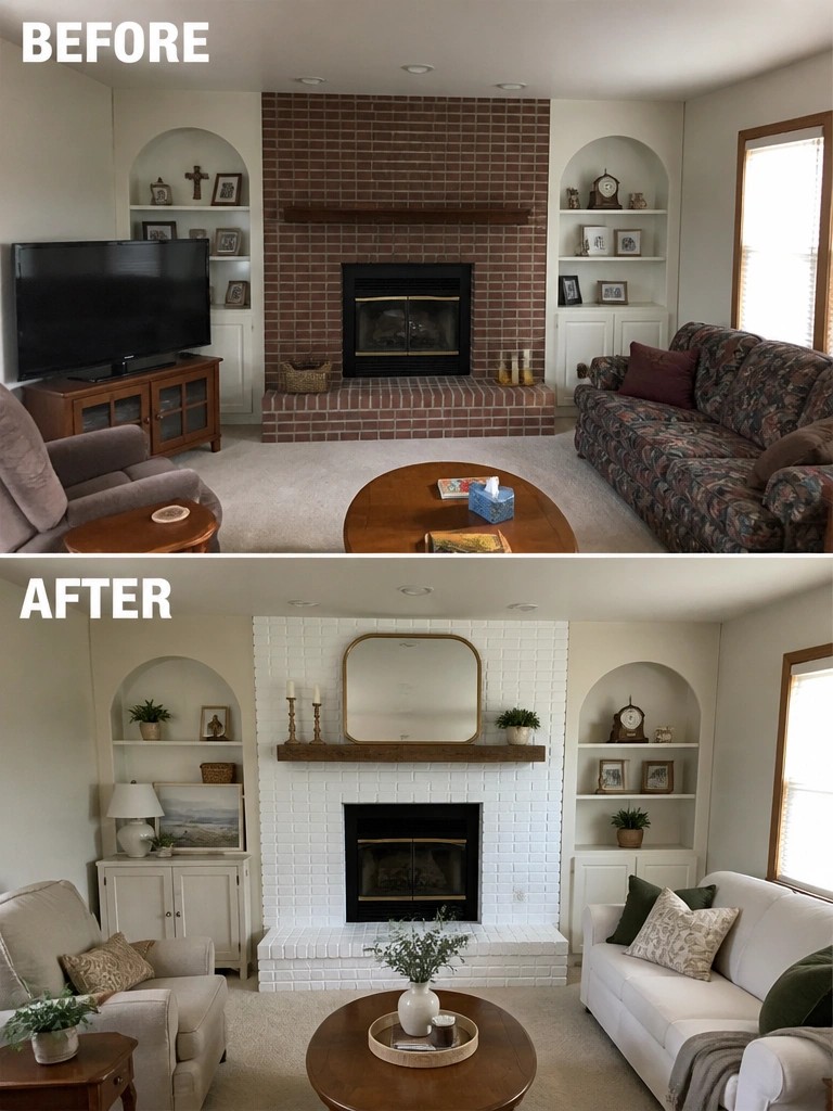 Before-and-after image of a living room fireplace wall changed from red brick to white tile with a mirror and simple styling above the mantel.