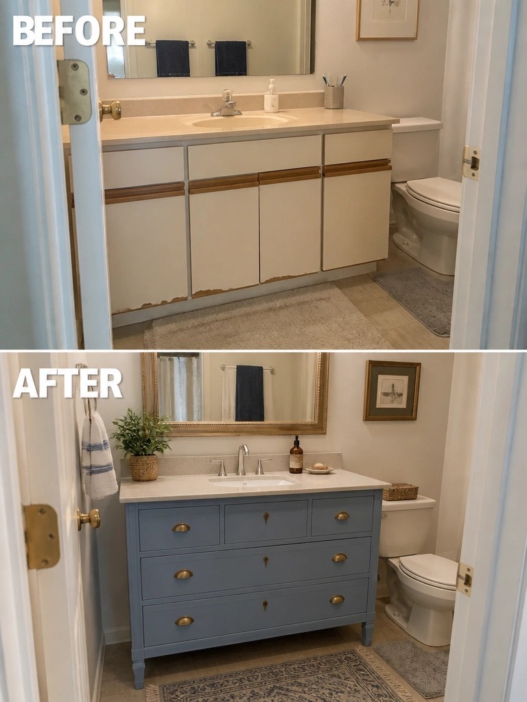 Before and after bathroom remodel with white vanity repainted blue.