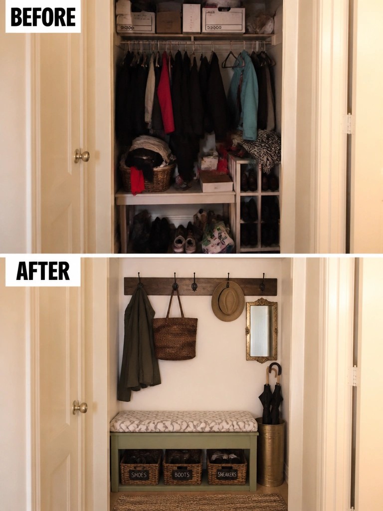 Before-and-after image of a cluttered closet changed into an organized entry area with wall hooks, a storage bench, and labeled baskets.