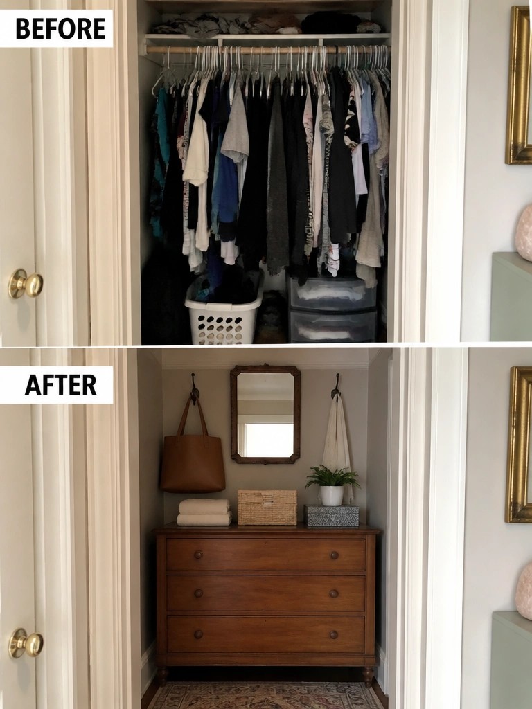 Before messy closet with hanging clothes; after organized space with wooden dresser and mirror.