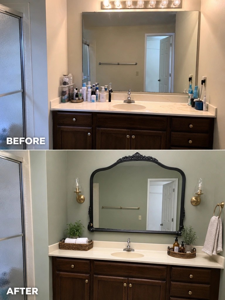 Split view of bathroom vanity before and after with new ornate mirror and decor.