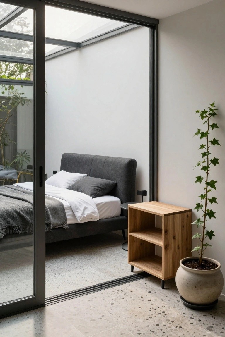 Modern bedroom interior with gray fabric bed facing open black-framed glass sliding doors to a greenery-filled atrium, wooden open-shelf nightstand beside it, tall potted ivy plant, and polished concrete floor.